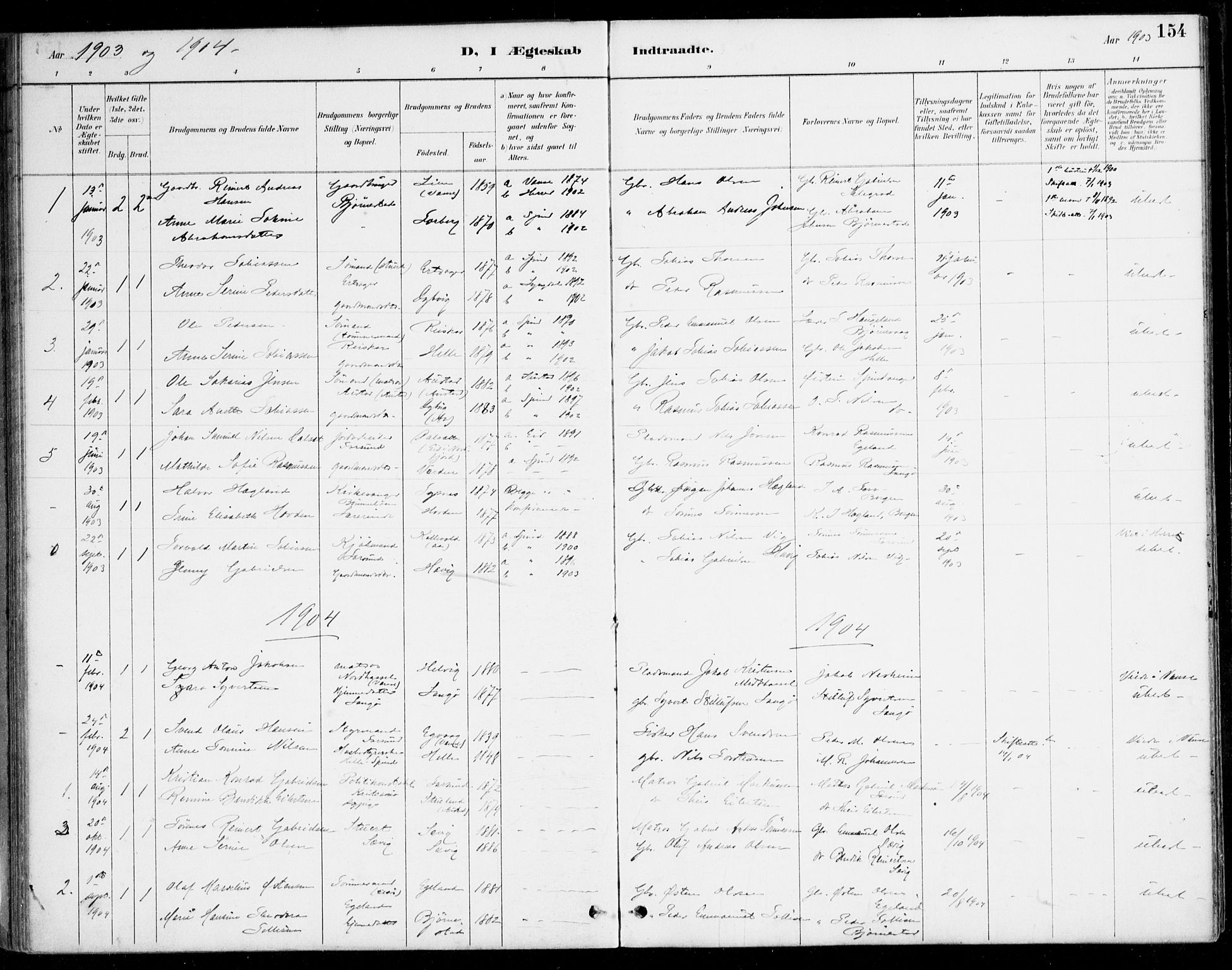 Herad sokneprestkontor, AV/SAK-1111-0018/F/Fa/Fab/L0005: Parish register (official) no. A 5, 1886-1913, p. 154