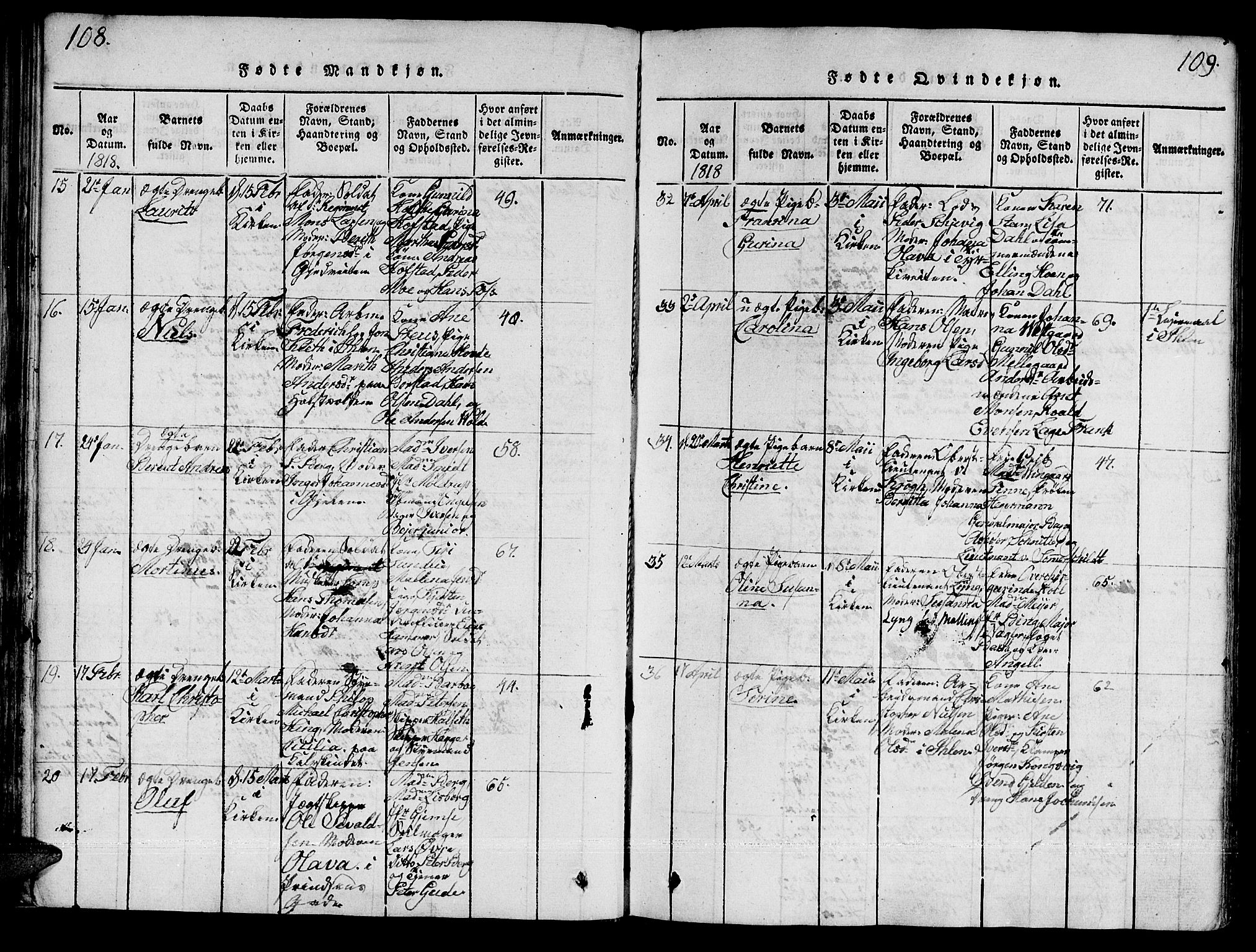 Ministerialprotokoller, klokkerbøker og fødselsregistre - Sør-Trøndelag, AV/SAT-A-1456/601/L0043: Parish register (official) no. 601A11, 1815-1821, p. 108-109