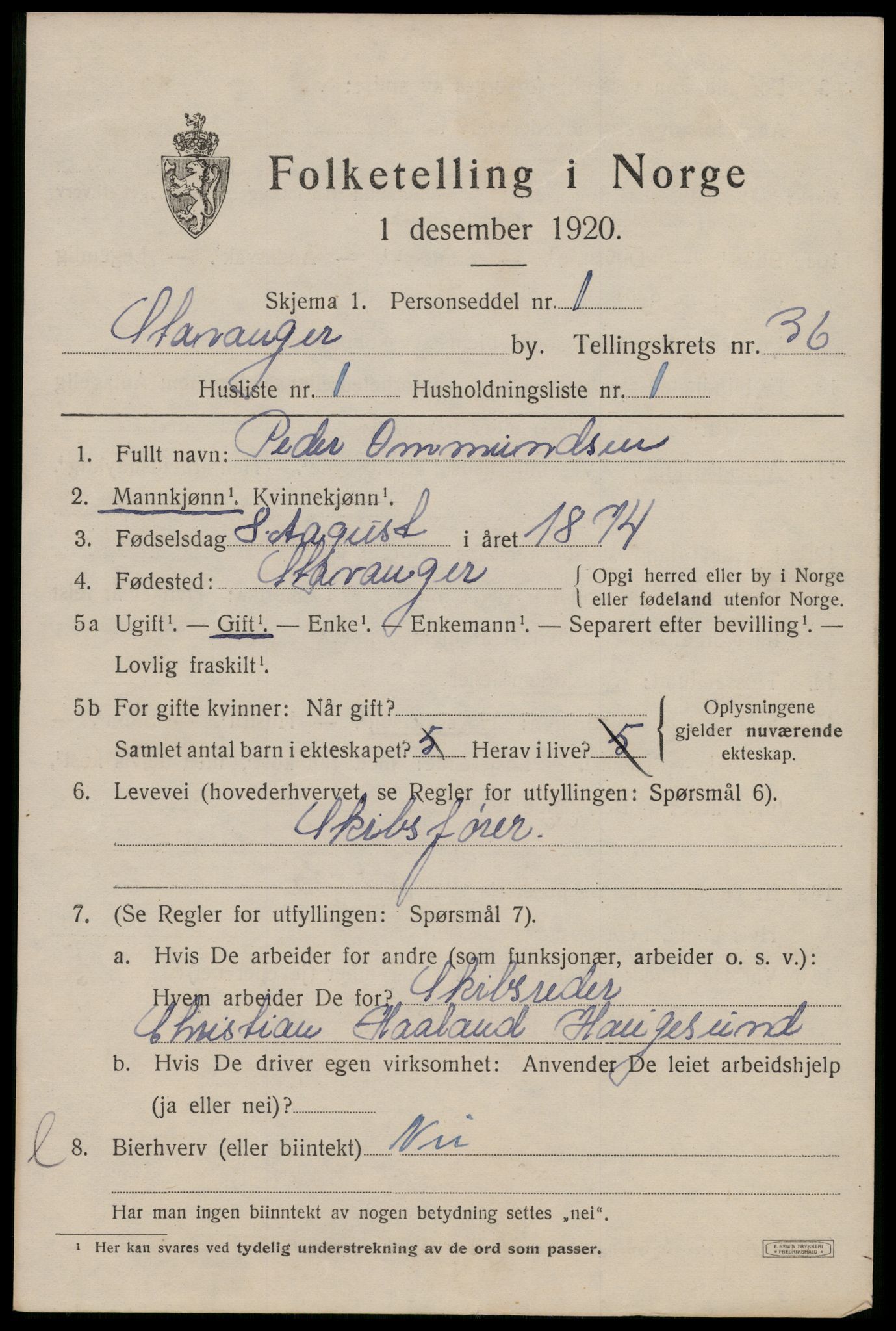 SAST, 1920 census for Stavanger, 1920, p. 95724