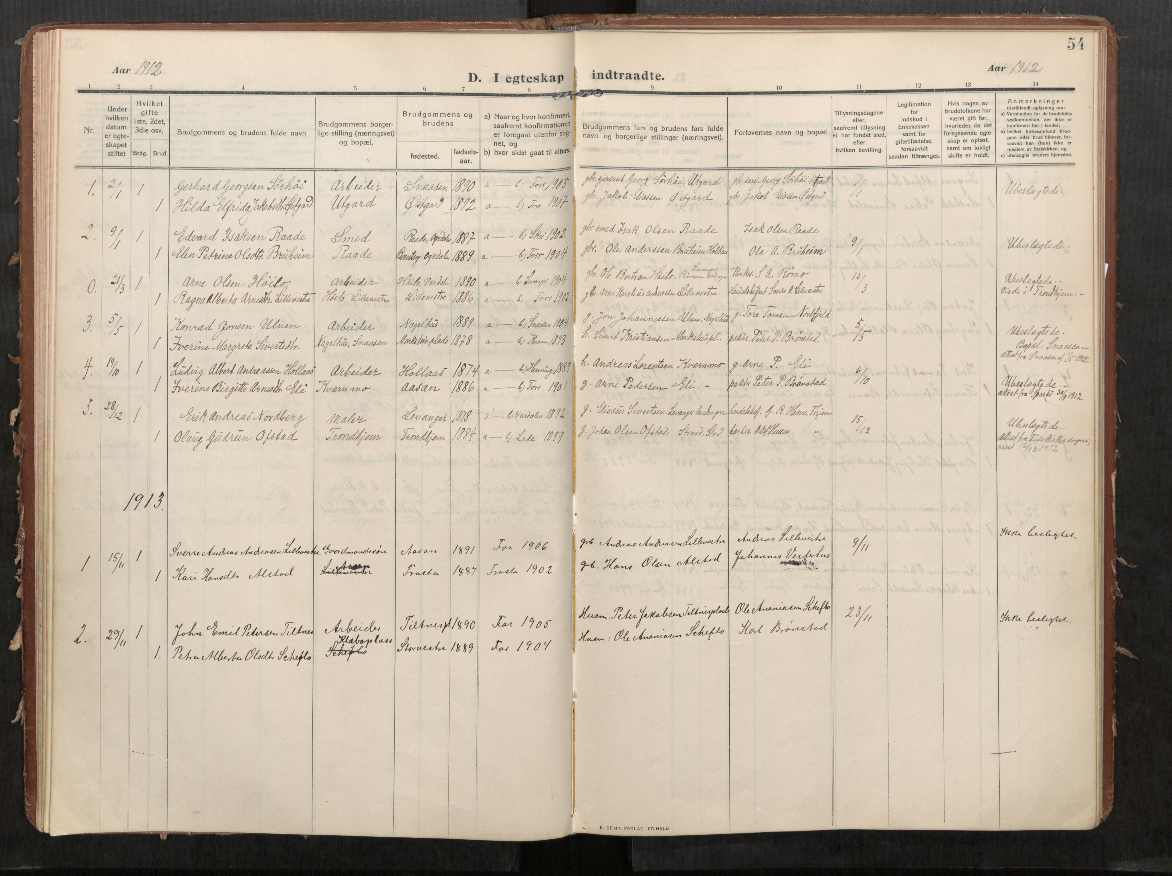 Stod sokneprestkontor, SAT/A-1164/1/I/I1/I1a/L0002: Parish register (official) no. 2, 1909-1922, p. 54