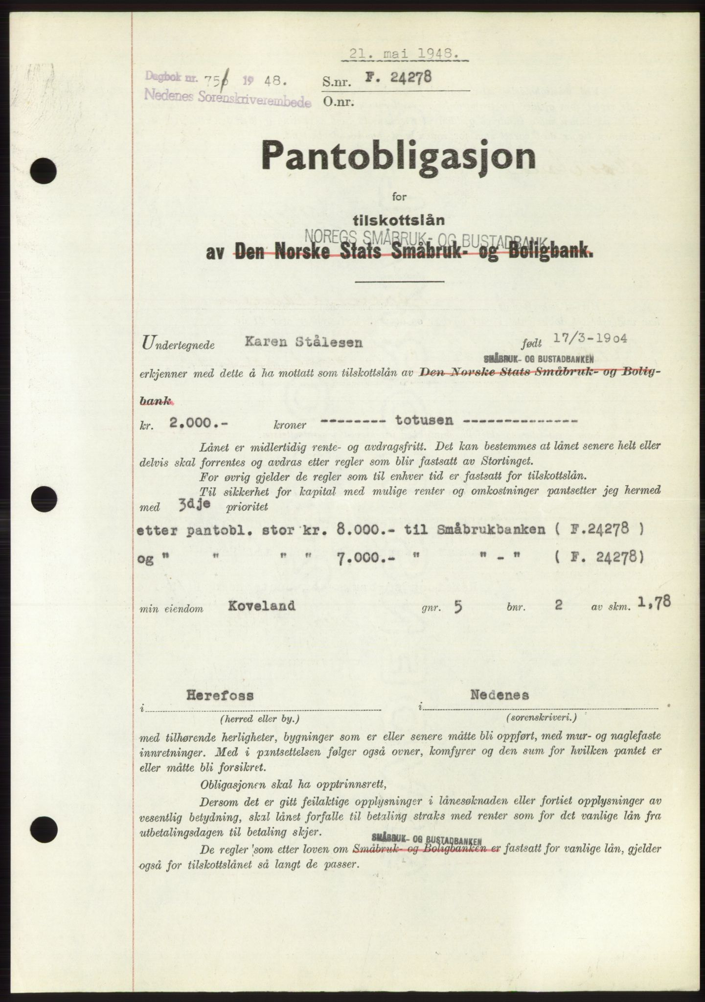 Nedenes sorenskriveri, AV/SAK-1221-0006/G/Gb/Gbb/L0005: Mortgage book no. B5, 1948-1948, Diary no: : 751/1948