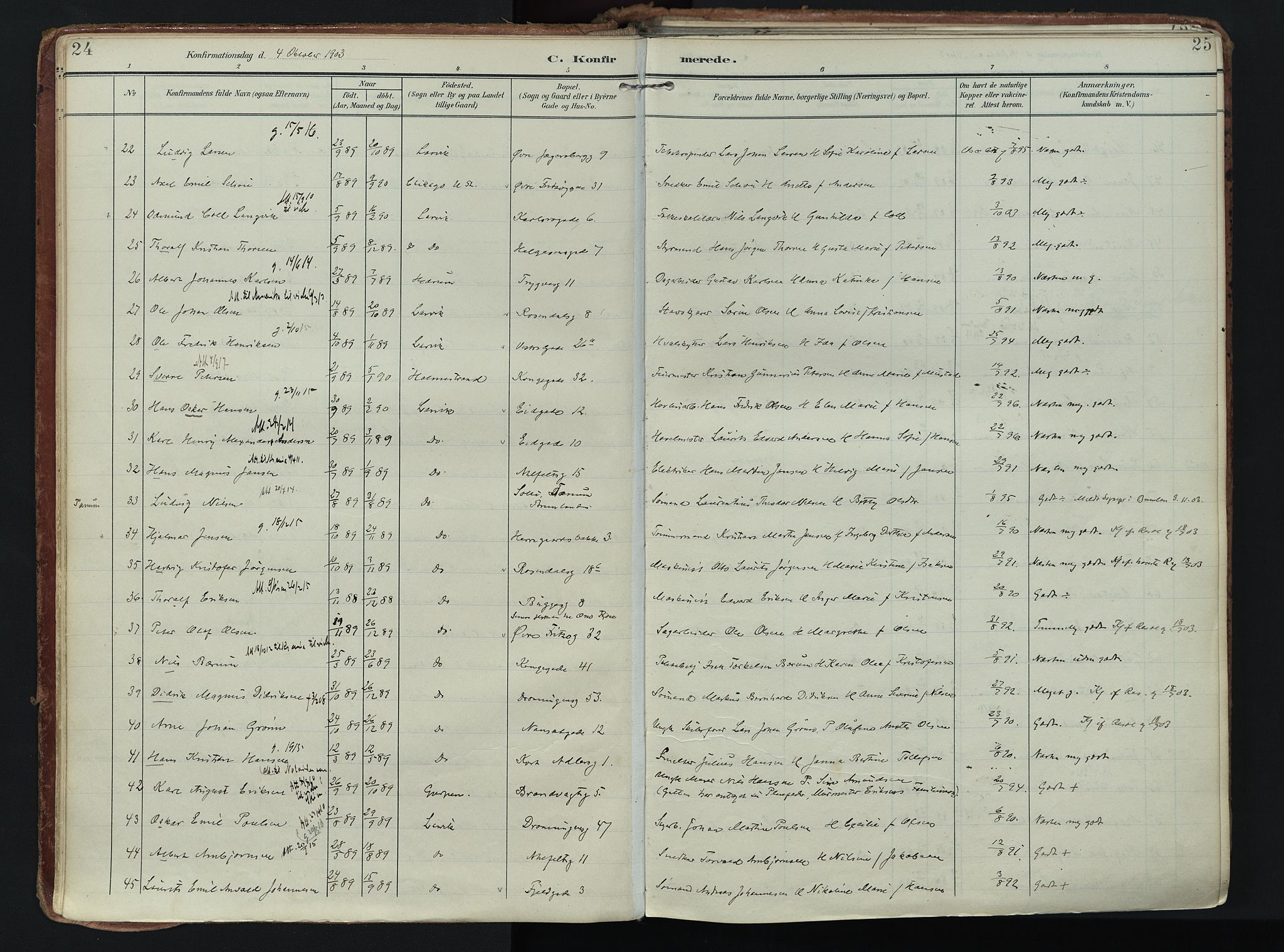 Larvik kirkebøker, AV/SAKO-A-352/F/Fa/L0011: Parish register (official) no. I 11, 1902-1922, p. 24-25