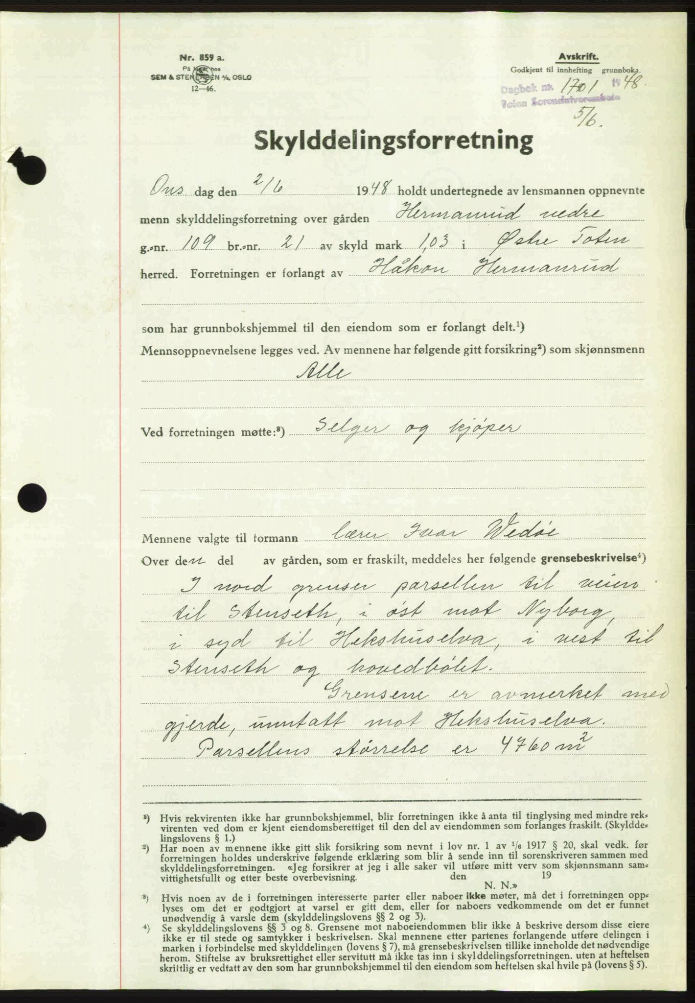 Toten tingrett, SAH/TING-006/H/Hb/Hbc/L0020: Mortgage book no. Hbc-20, 1948-1948, Diary no: : 1701/1948