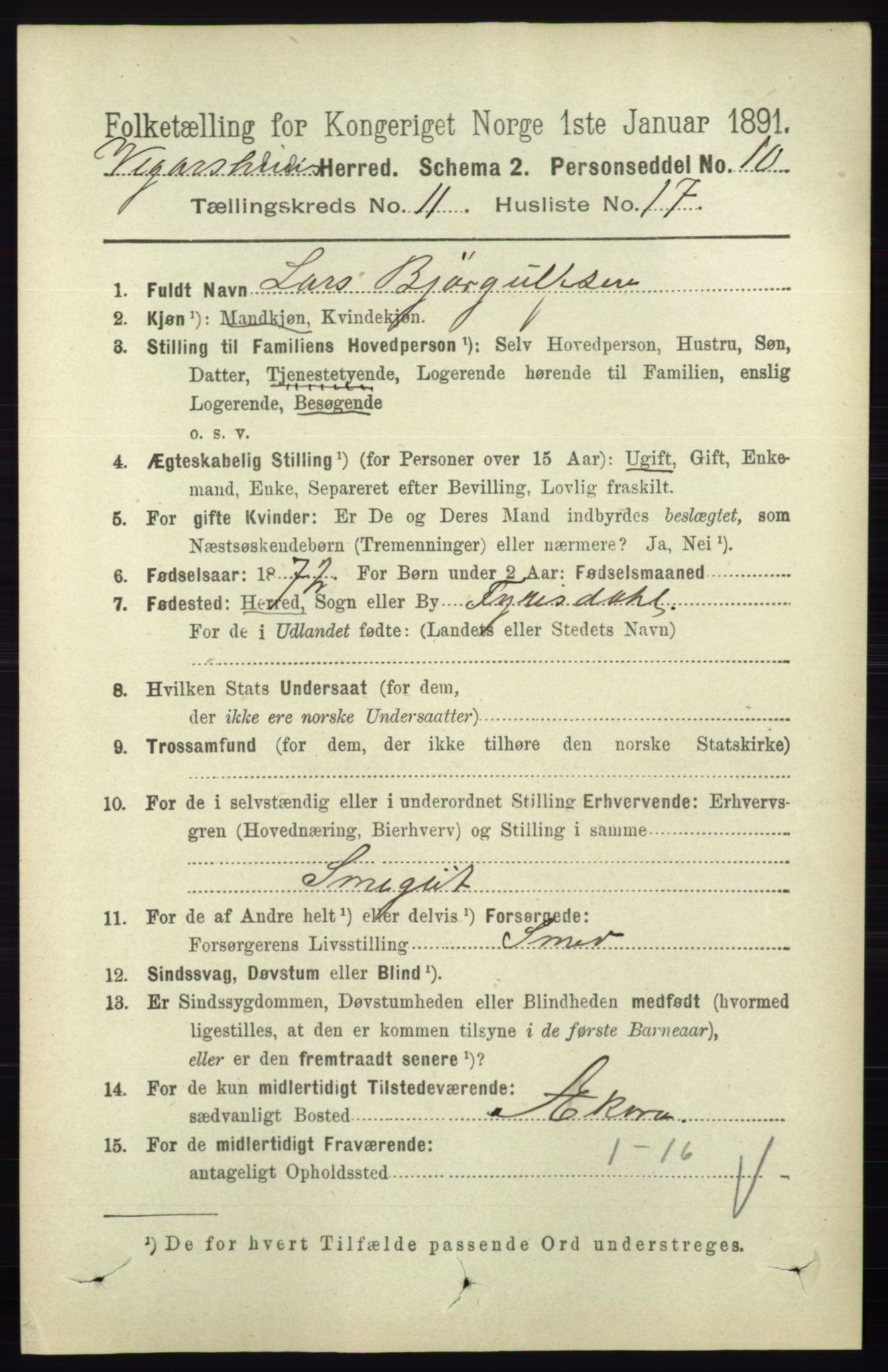RA, 1891 census for 0912 Vegårshei, 1891, p. 2314