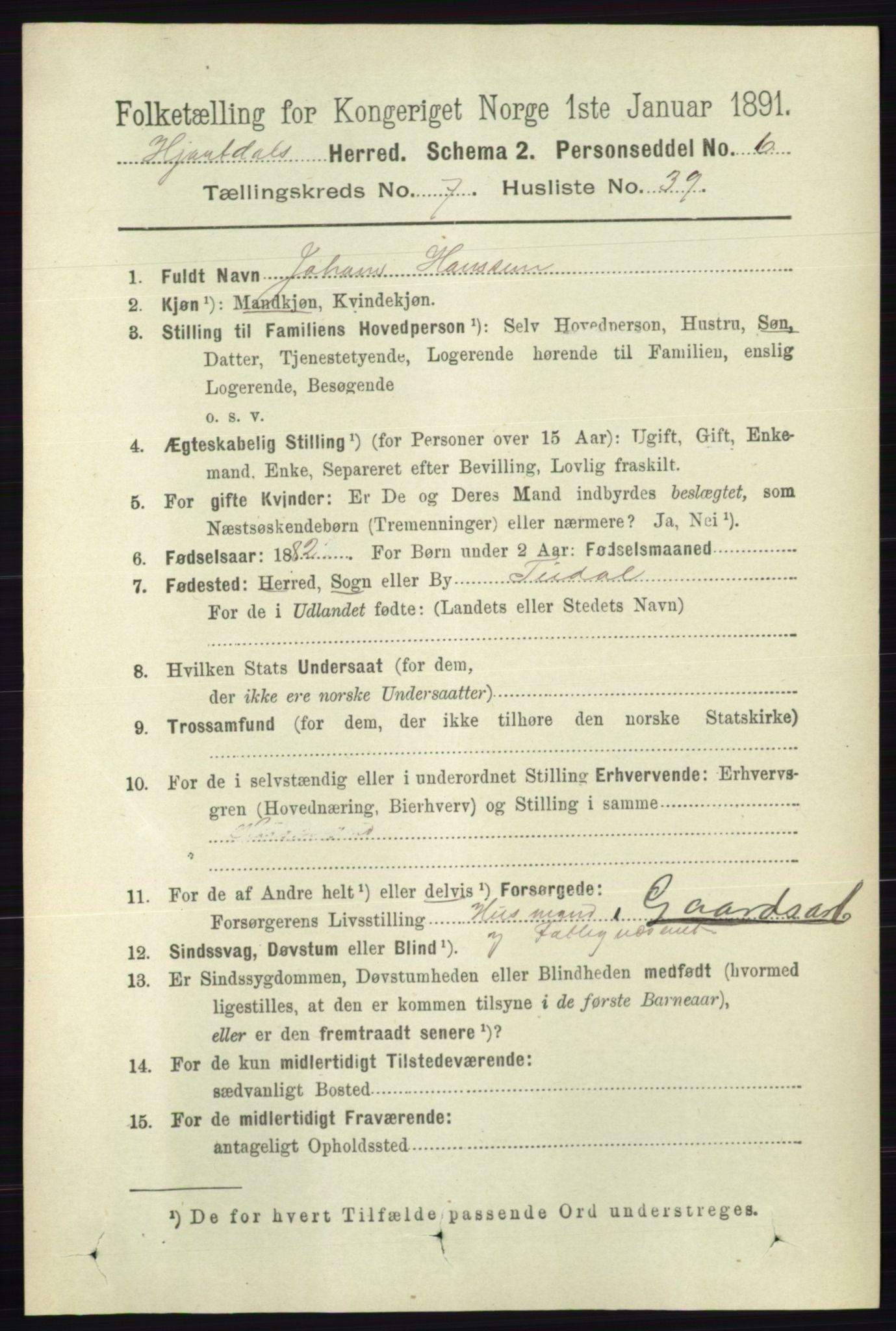 RA, 1891 census for 0827 Hjartdal, 1891, p. 2749