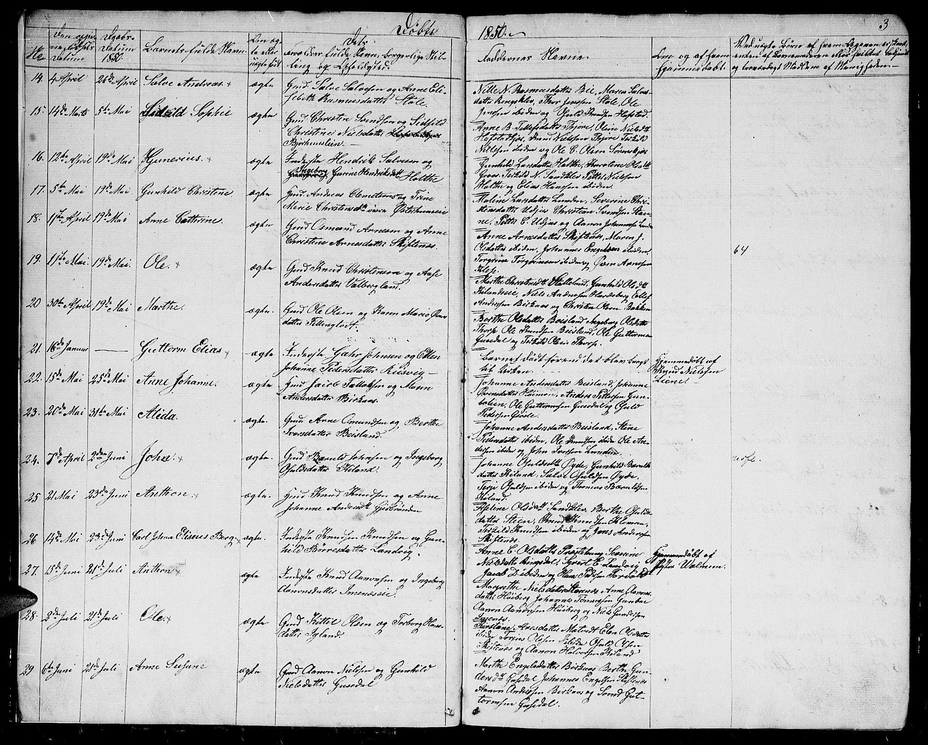 Hommedal sokneprestkontor, SAK/1111-0023/F/Fb/Fbb/L0005: Parish register (copy) no. B 5, 1850-1869, p. 3