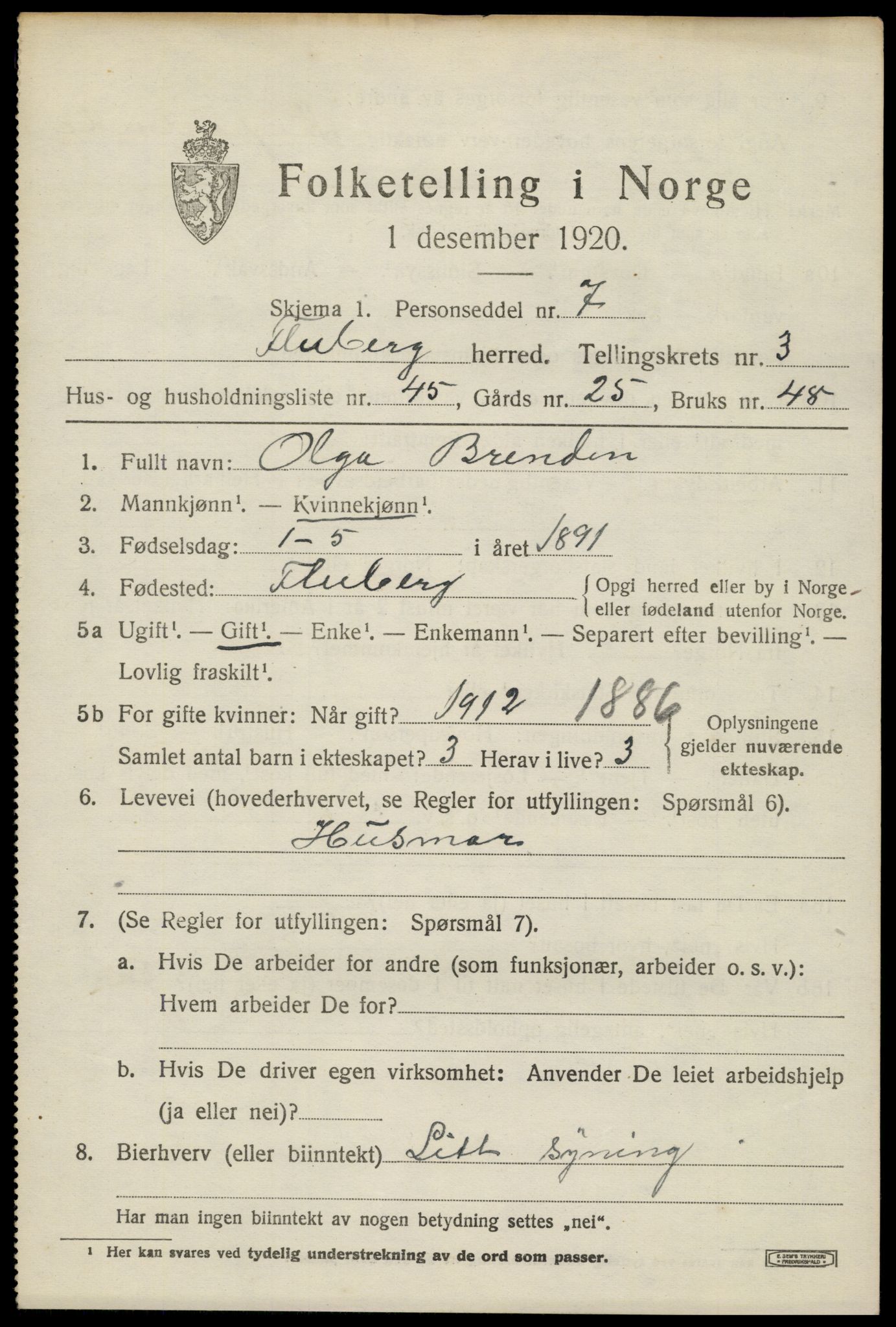 SAH, 1920 census for Fluberg, 1920, p. 3288