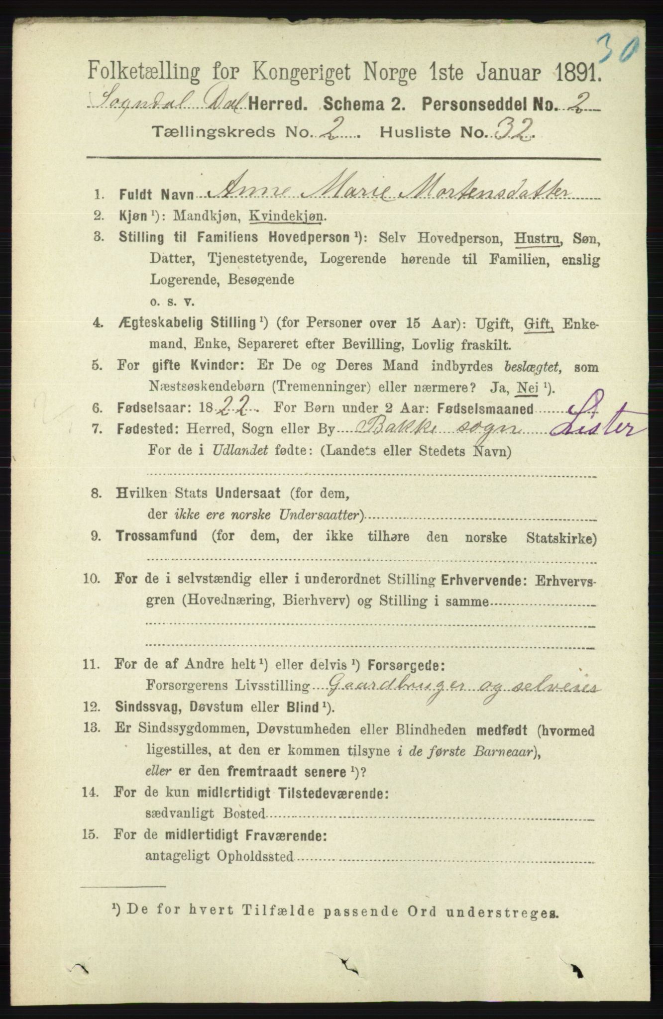 RA, 1891 census for 1111 Sokndal, 1891, p. 663