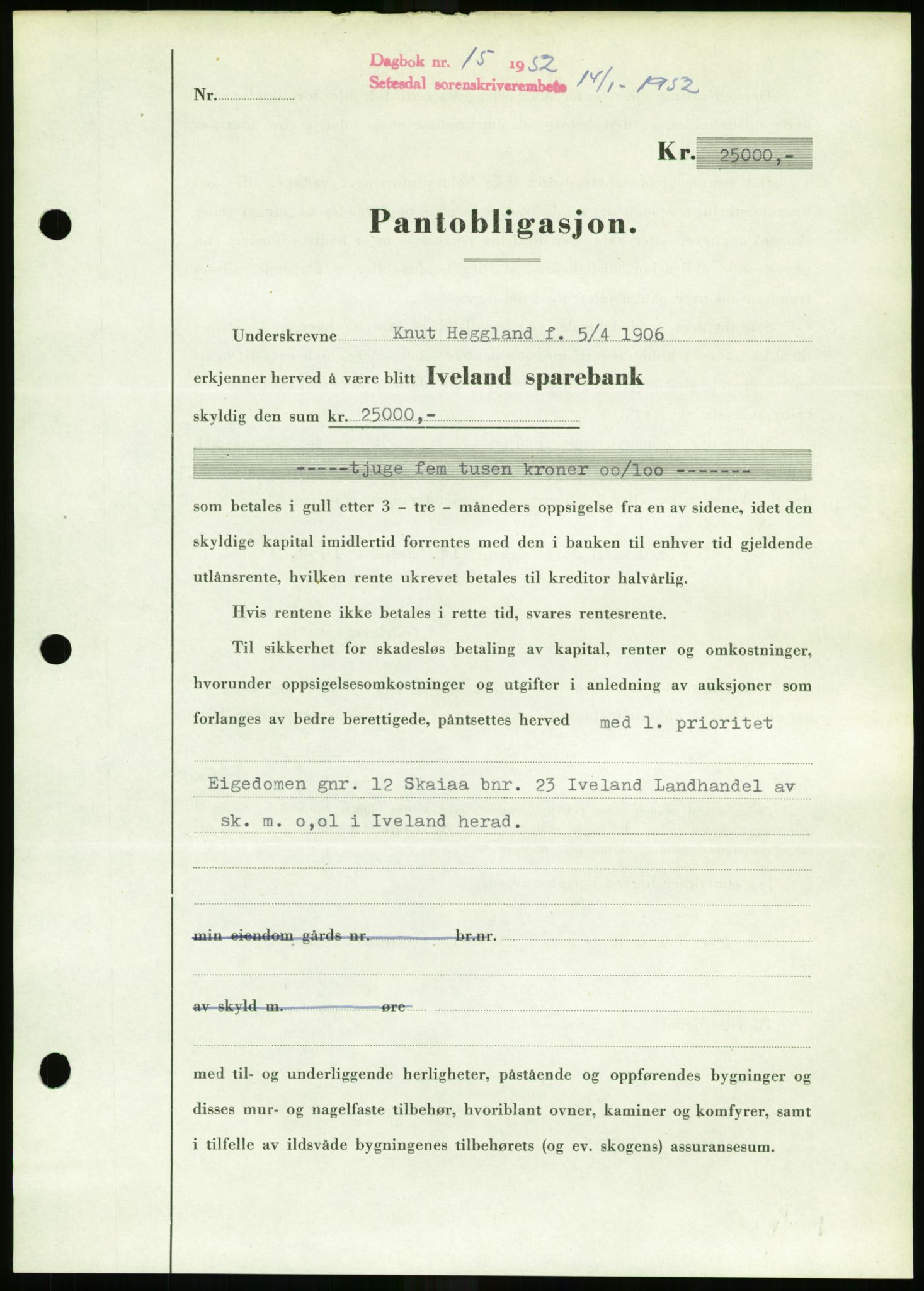 Setesdal sorenskriveri, SAK/1221-0011/G/Gb/L0050: Mortgage book no. B 38, 1949-1952, Diary no: : 15/1952