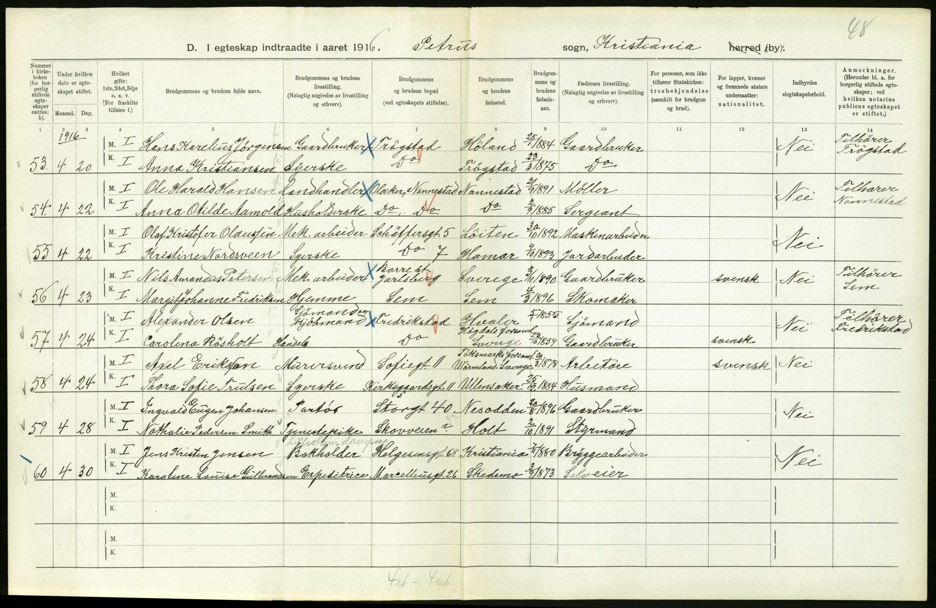 Statistisk sentralbyrå, Sosiodemografiske emner, Befolkning, AV/RA-S-2228/D/Df/Dfb/Dfbf/L0008: Kristiania: Gifte, 1916, p. 14