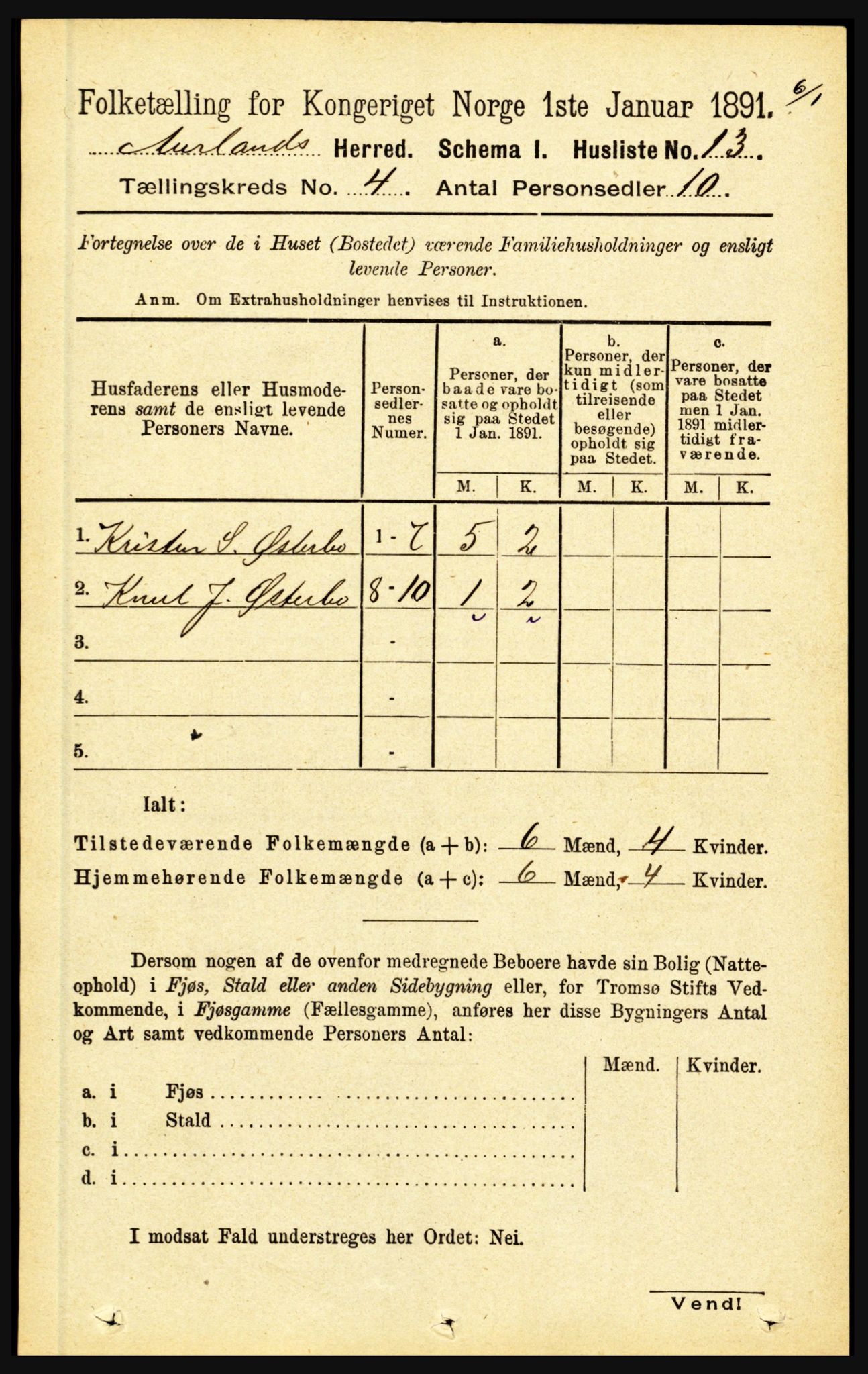 RA, 1891 census for 1421 Aurland, 1891, p. 1297