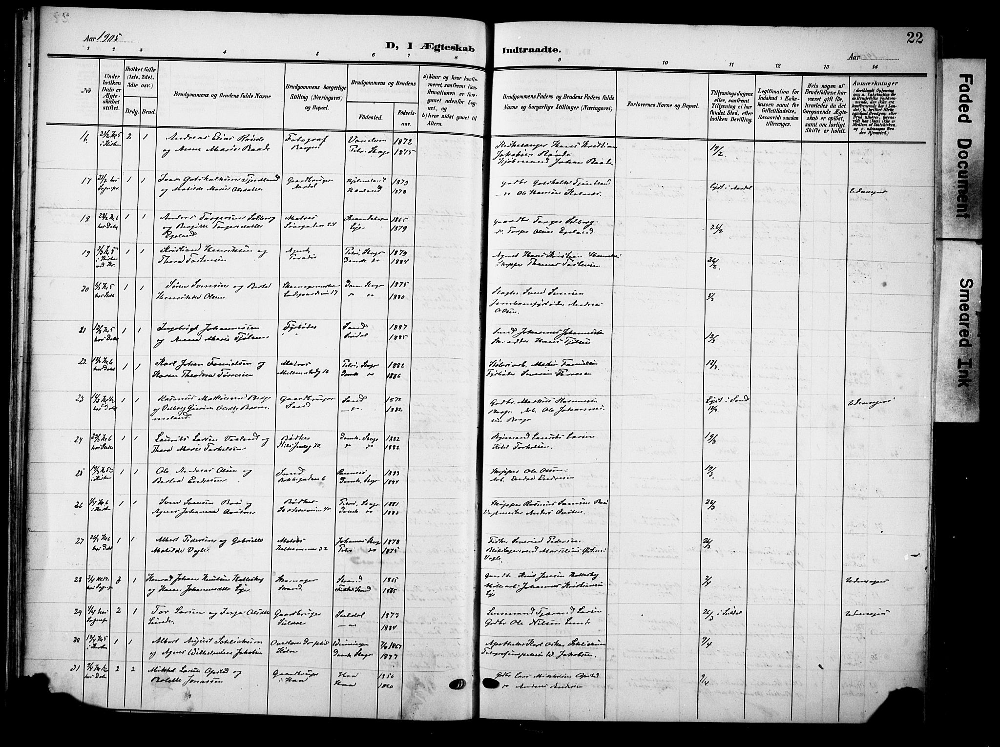 Domkirken sokneprestkontor, AV/SAST-A-101812/001/30/30BB/L0017: Parish register (copy) no. B 17, 1902-1921, p. 22