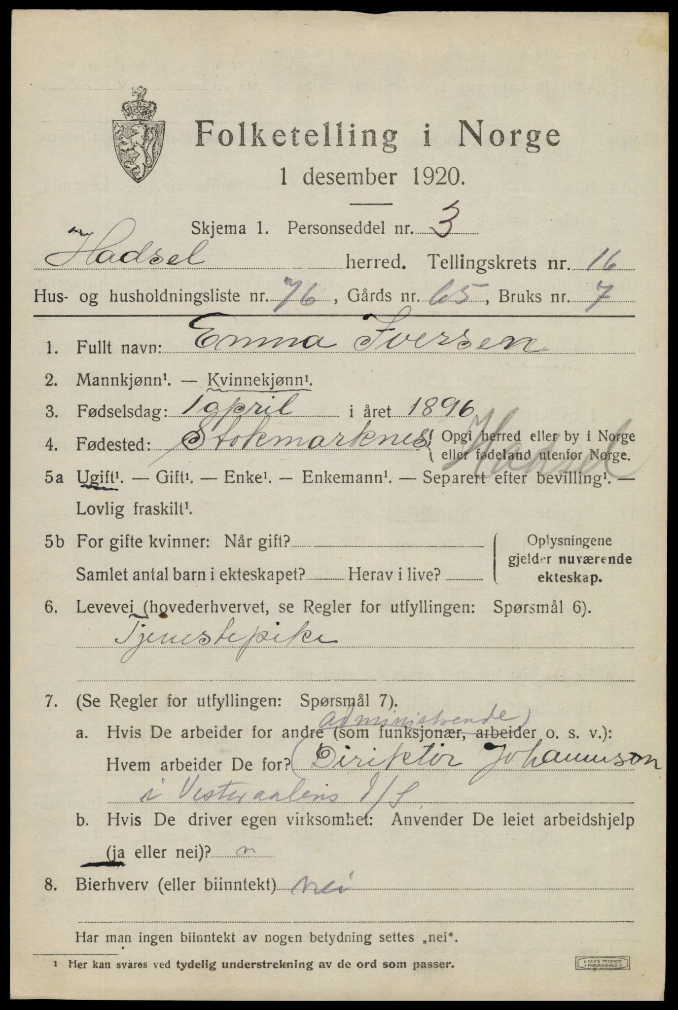 SAT, 1920 census for Hadsel, 1920, p. 14938