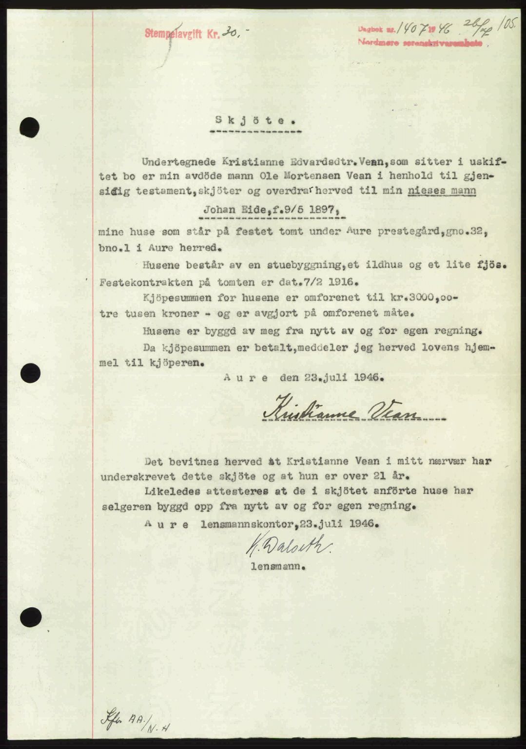 Nordmøre sorenskriveri, AV/SAT-A-4132/1/2/2Ca: Mortgage book no. A102, 1946-1946, Diary no: : 1407/1946