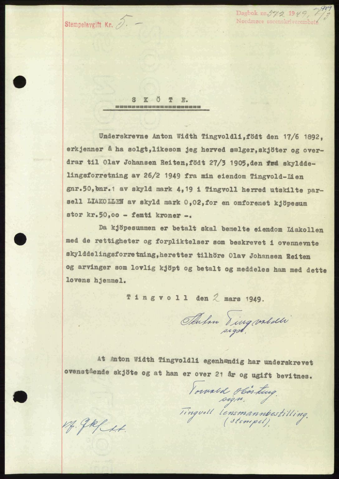 Nordmøre sorenskriveri, AV/SAT-A-4132/1/2/2Ca: Mortgage book no. A110, 1948-1949, Diary no: : 572/1949