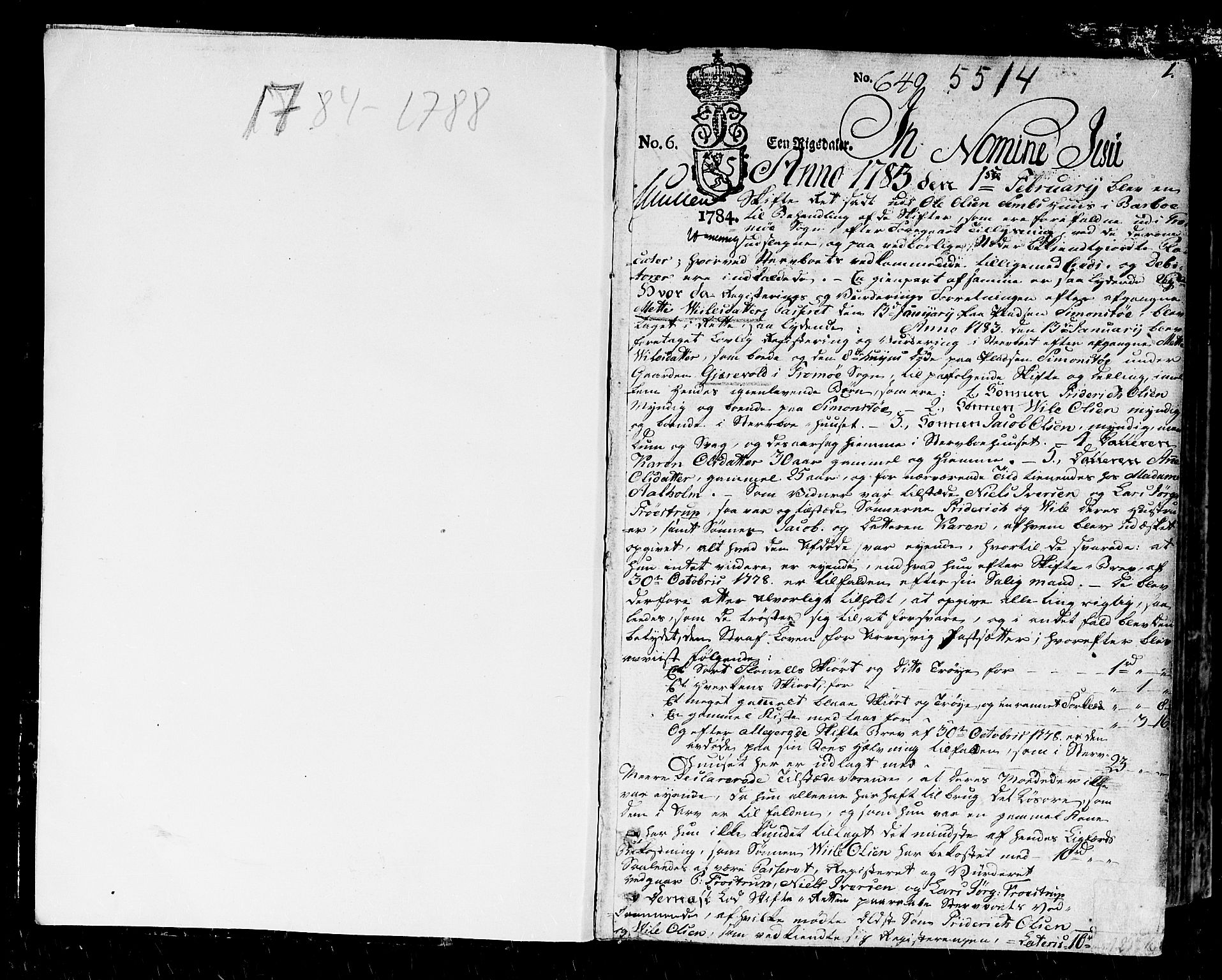 Nedenes sorenskriveri før 1824, SAK/1221-0007/H/Hc/L0039: Skifteprotokoll med register nr 26, 1783-1788, p. 0b-1a