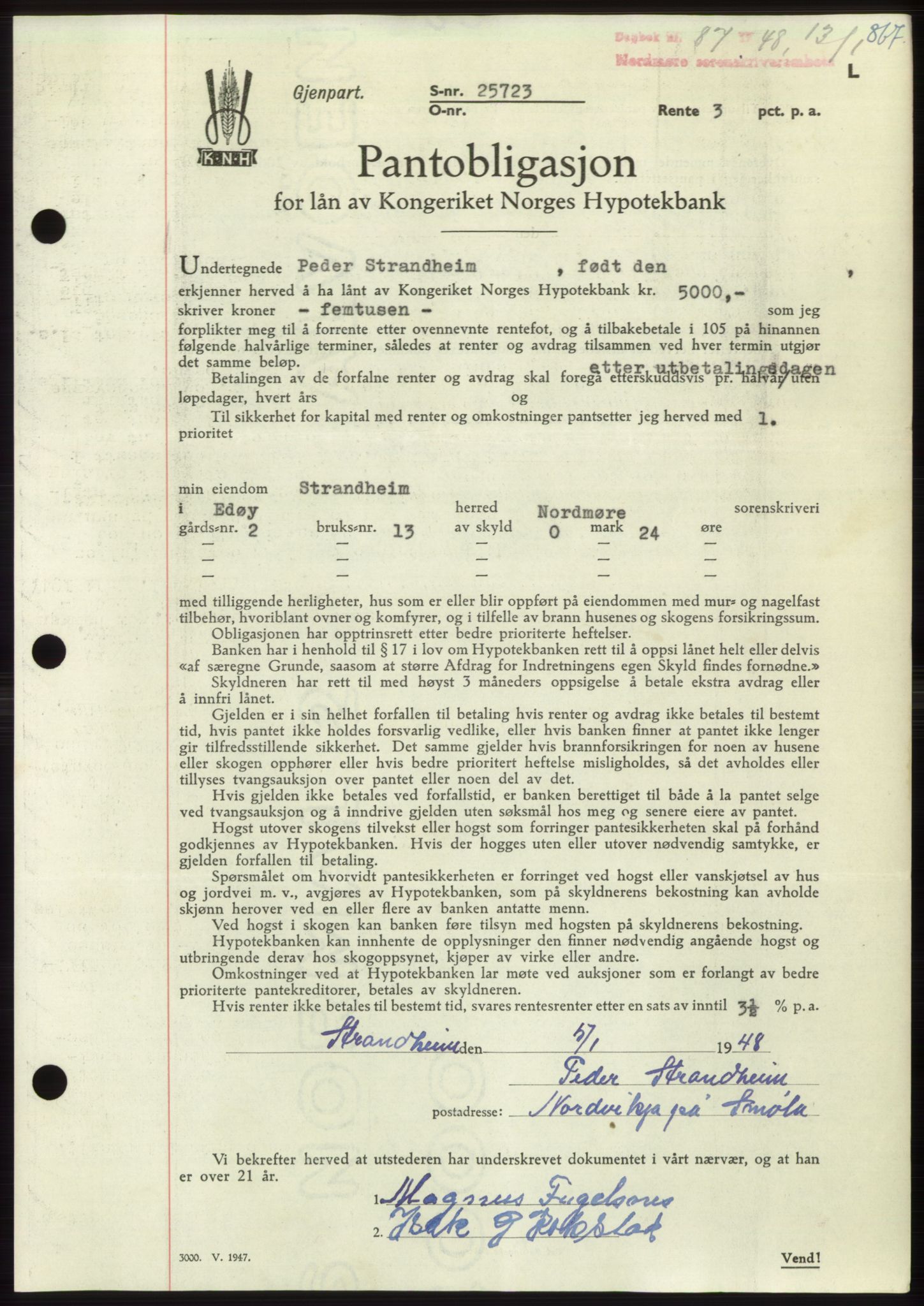 Nordmøre sorenskriveri, AV/SAT-A-4132/1/2/2Ca: Mortgage book no. B97, 1947-1948, Diary no: : 87/1948