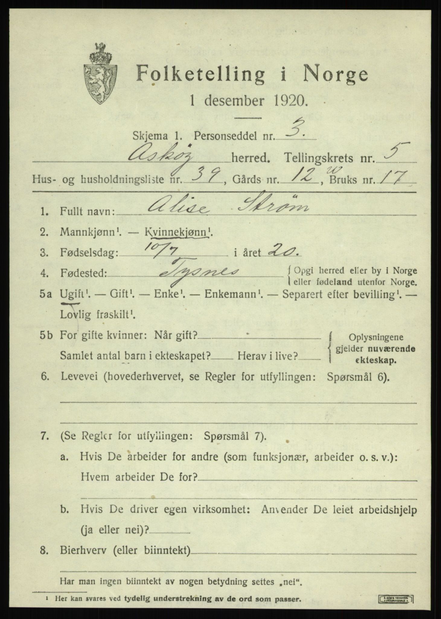 SAB, 1920 census for Askøy, 1920, p. 9242