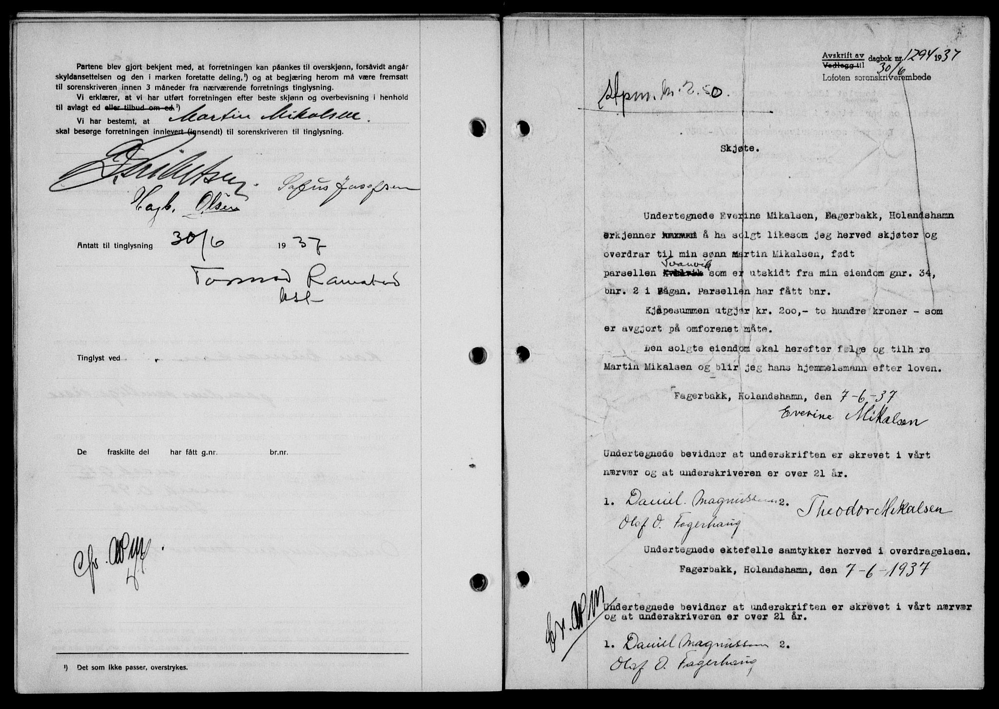 Lofoten sorenskriveri, SAT/A-0017/1/2/2C/L0002a: Mortgage book no. 2a, 1937-1937, Diary no: : 1294/1937