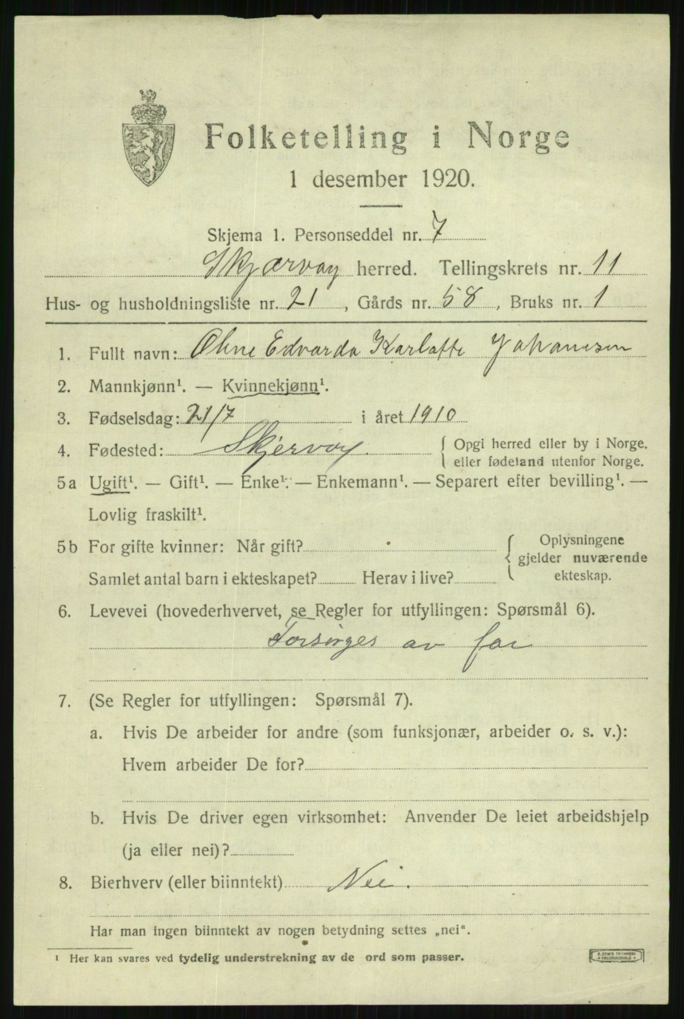 SATØ, 1920 census for Skjervøy, 1920, p. 5989