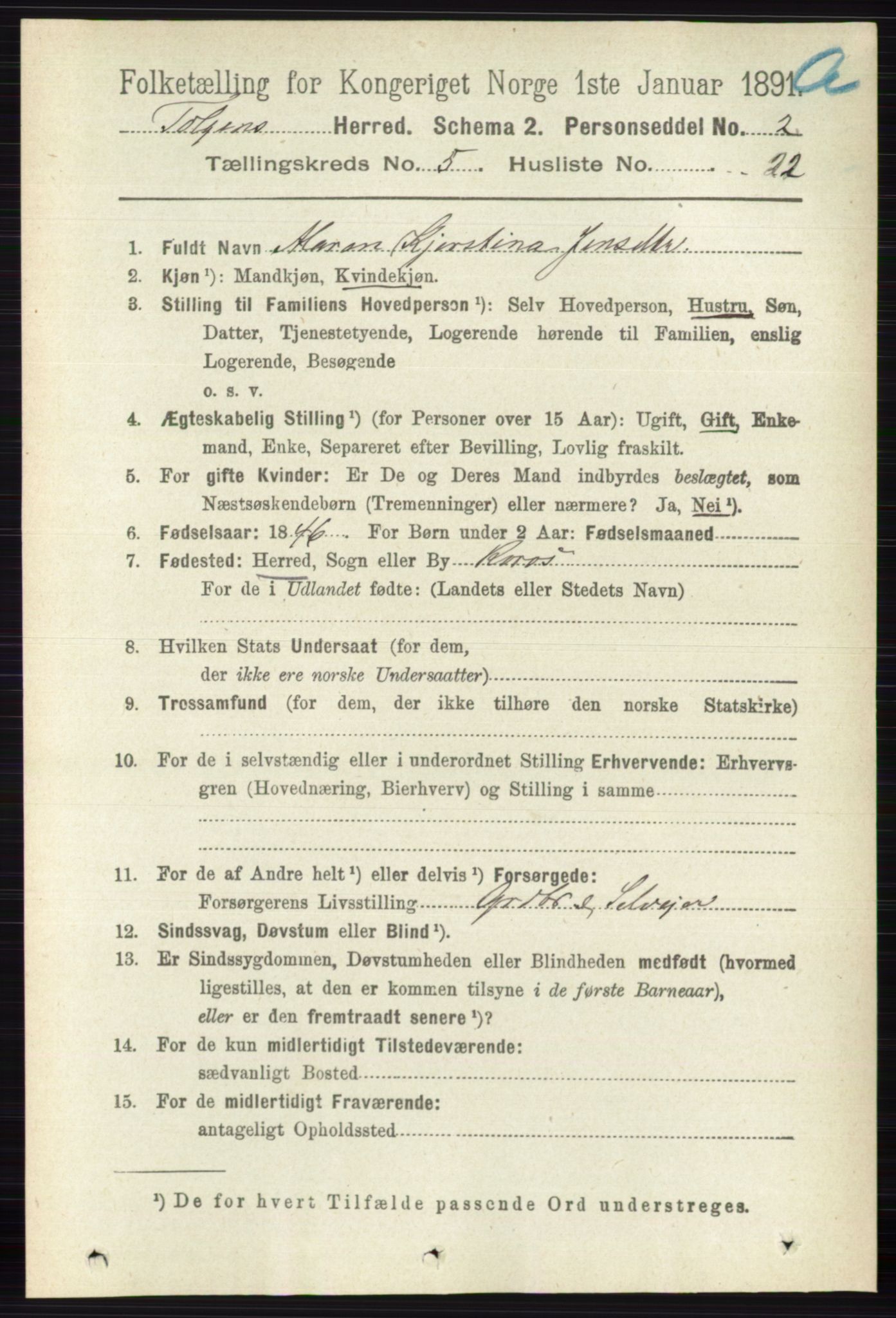 RA, 1891 census for 0436 Tolga, 1891, p. 1421