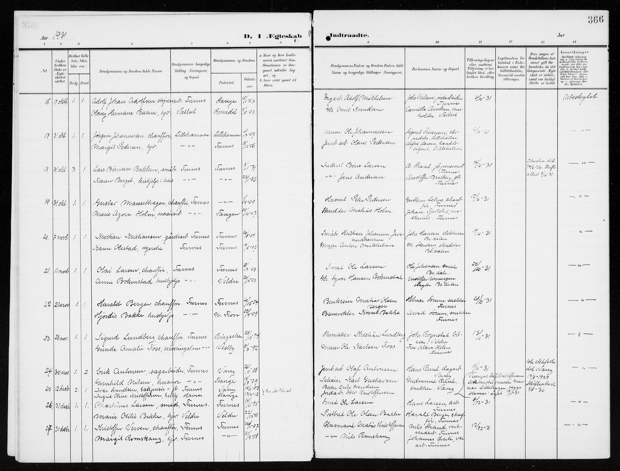 Furnes prestekontor, AV/SAH-PREST-012/K/Ka/L0001: Parish register (official) no. 1, 1907-1935, p. 366