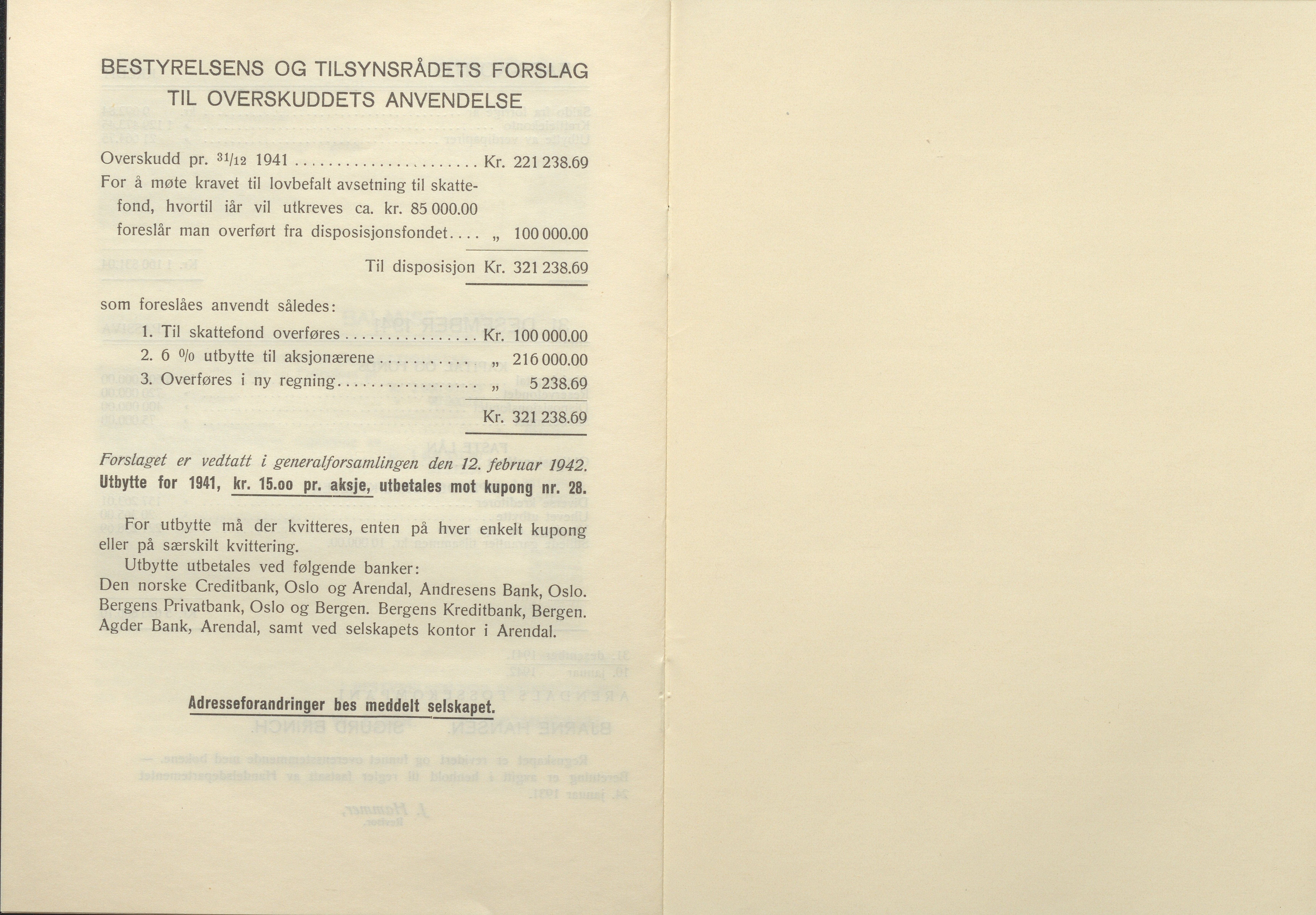 Arendals Fossekompani, AAKS/PA-2413/X/X01/L0001/0010: Beretninger, regnskap, balansekonto, gevinst- og tapskonto / Årsberetning og regnskap 1936 - 1942, 1936-1942