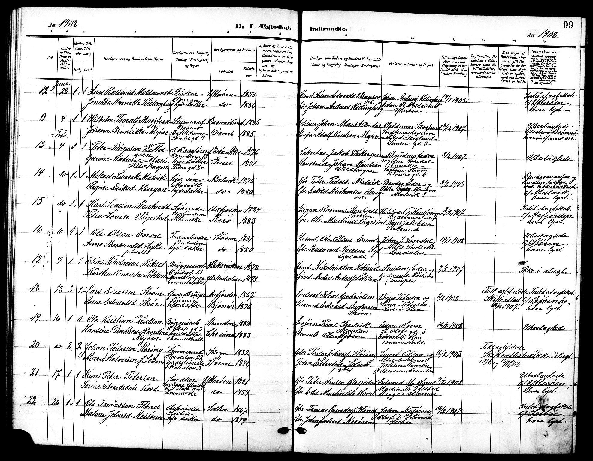 Ministerialprotokoller, klokkerbøker og fødselsregistre - Sør-Trøndelag, SAT/A-1456/601/L0095: Parish register (copy) no. 601C13, 1902-1911, p. 99