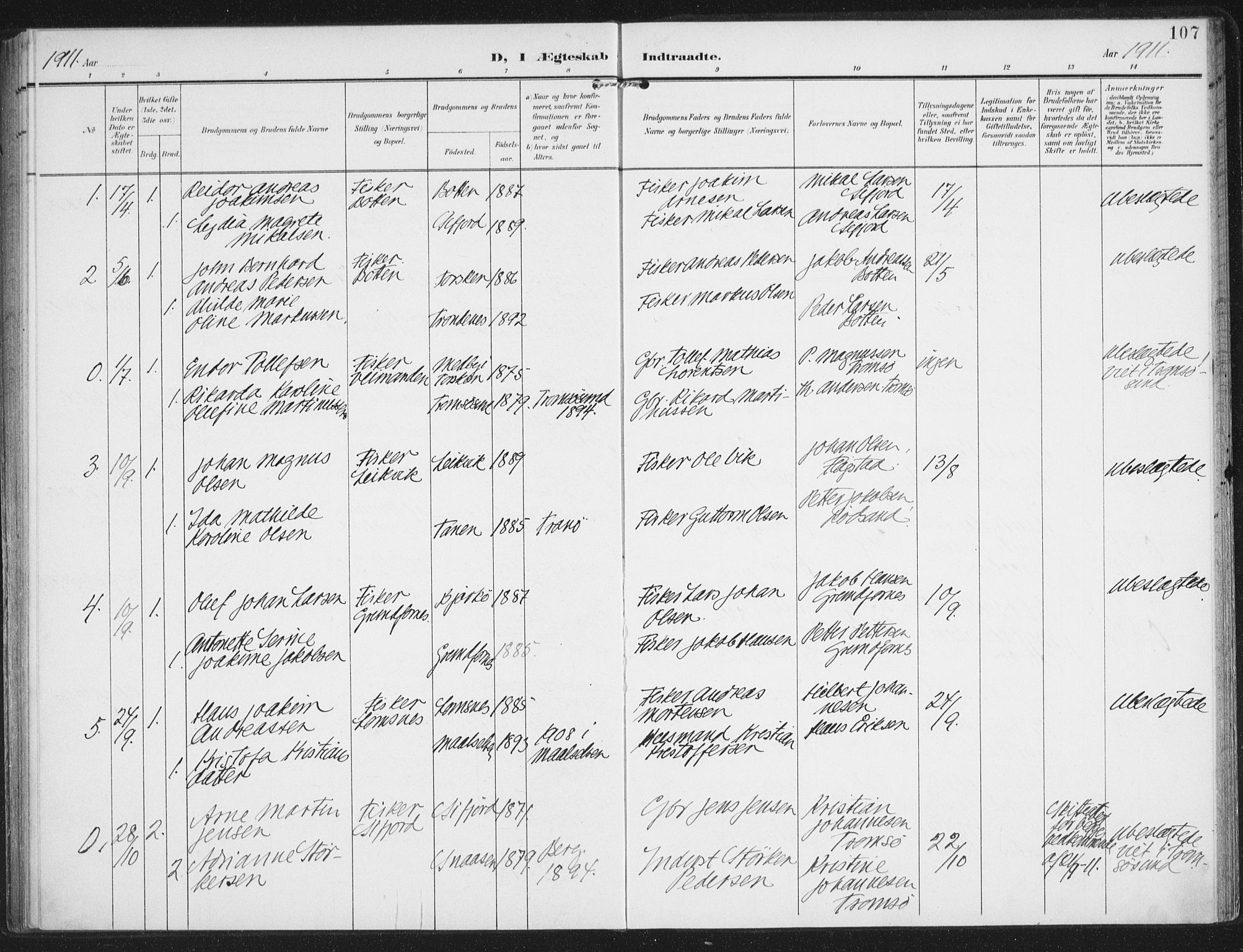 Berg sokneprestkontor, AV/SATØ-S-1318/G/Ga/Gaa/L0008kirke: Parish register (official) no. 8, 1904-1916, p. 107