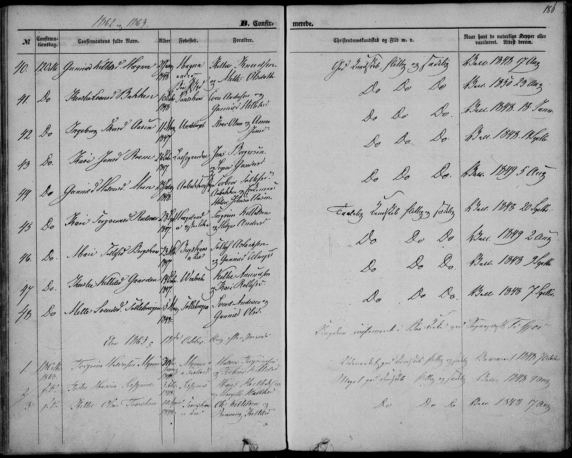 Bø kirkebøker, AV/SAKO-A-257/F/Fa/L0009: Parish register (official) no. 9, 1862-1879, p. 186