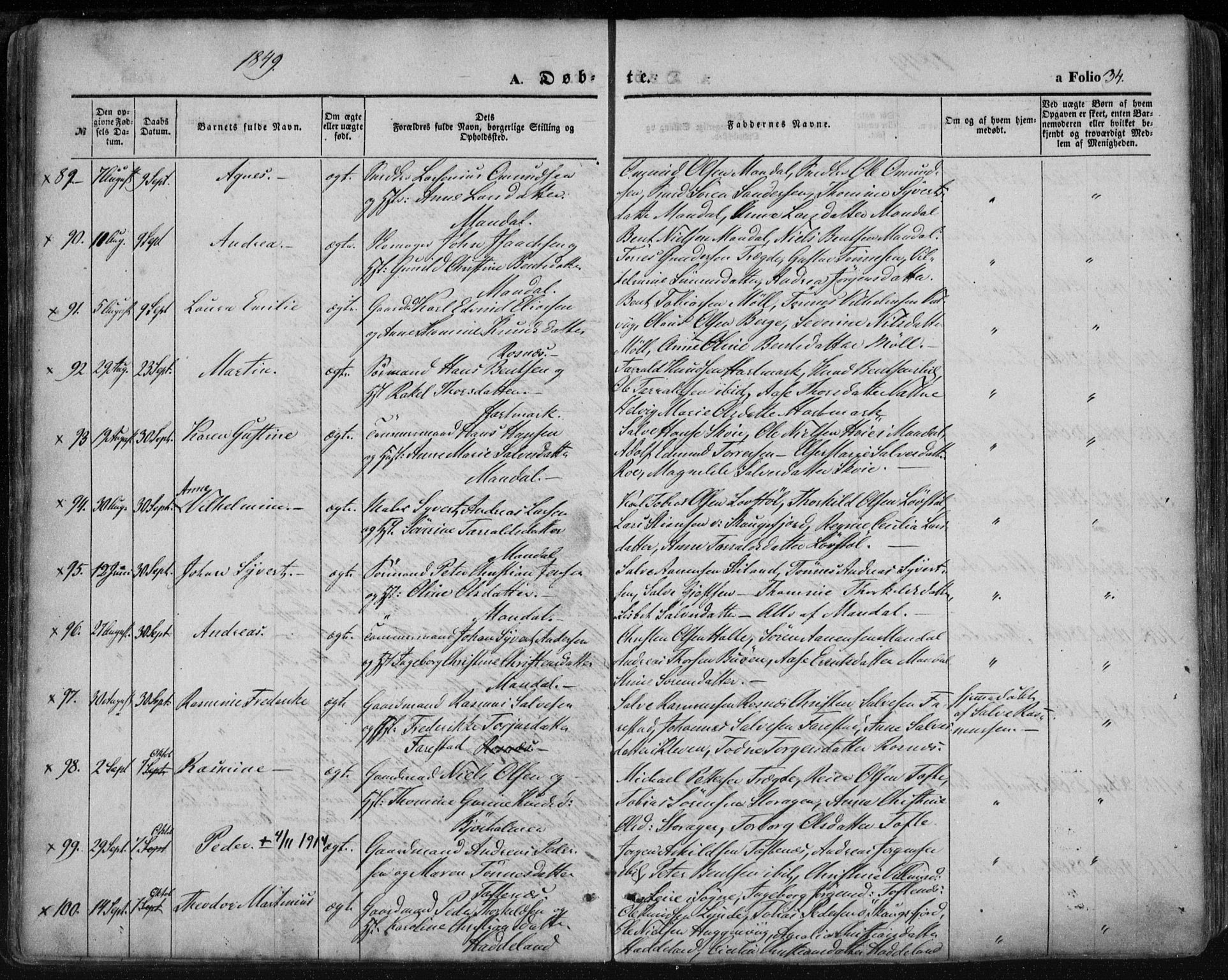Mandal sokneprestkontor, AV/SAK-1111-0030/F/Fa/Faa/L0013: Parish register (official) no. A 13, 1847-1859, p. 34