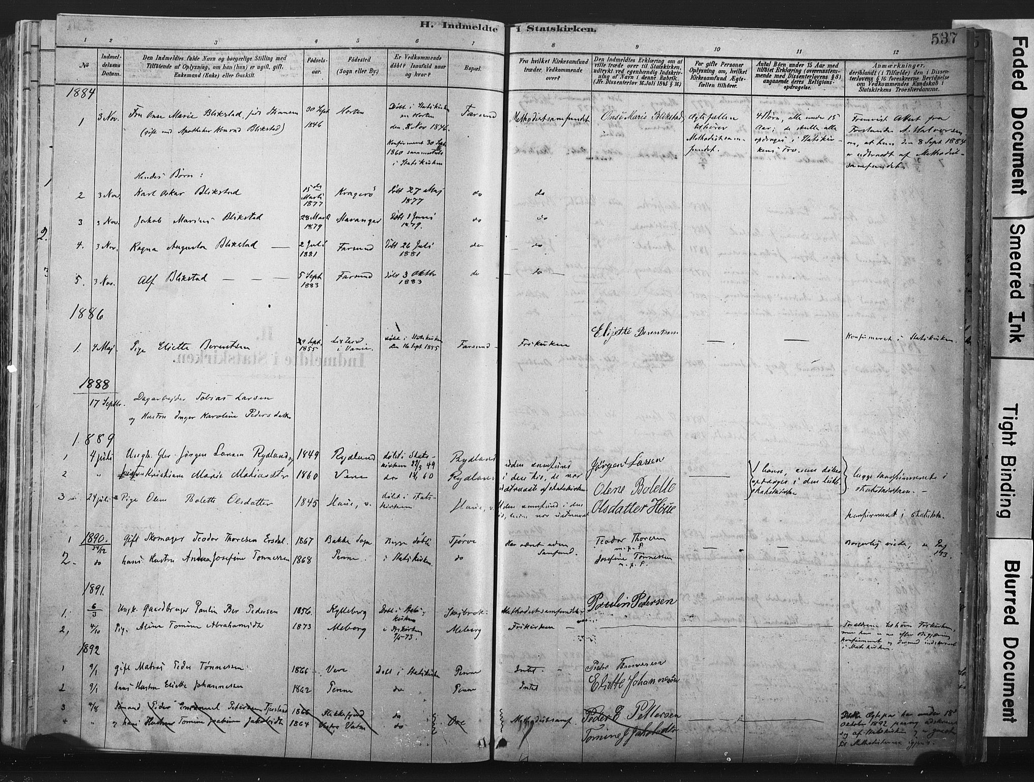 Lista sokneprestkontor, SAK/1111-0027/F/Fa/L0012: Parish register (official) no. A 12, 1879-1903, p. 537
