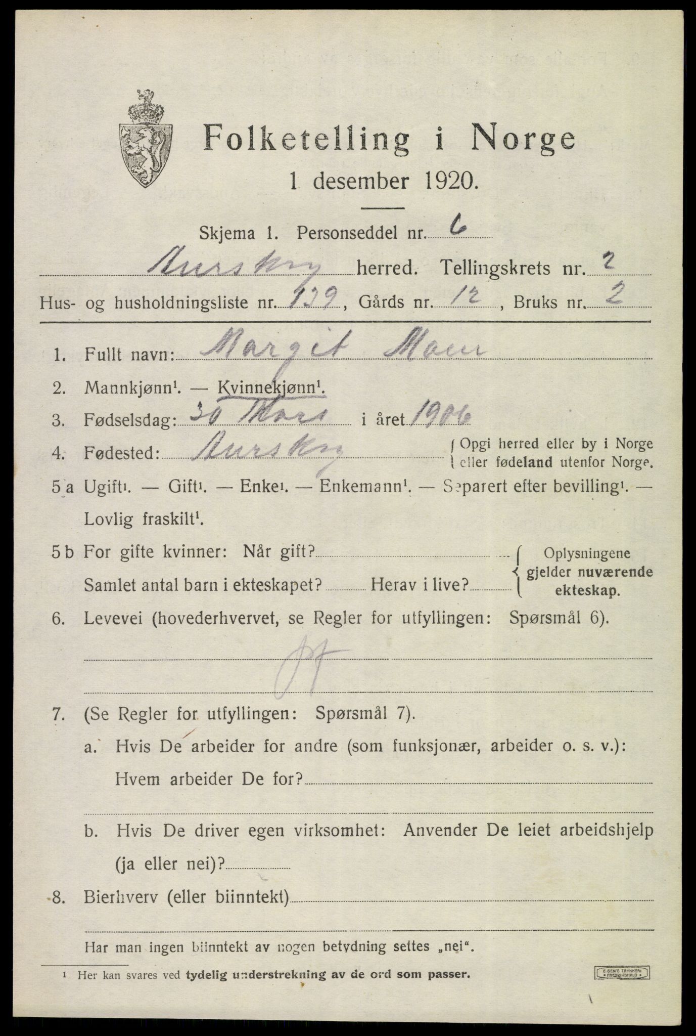 SAO, 1920 census for Aurskog, 1920, p. 3550