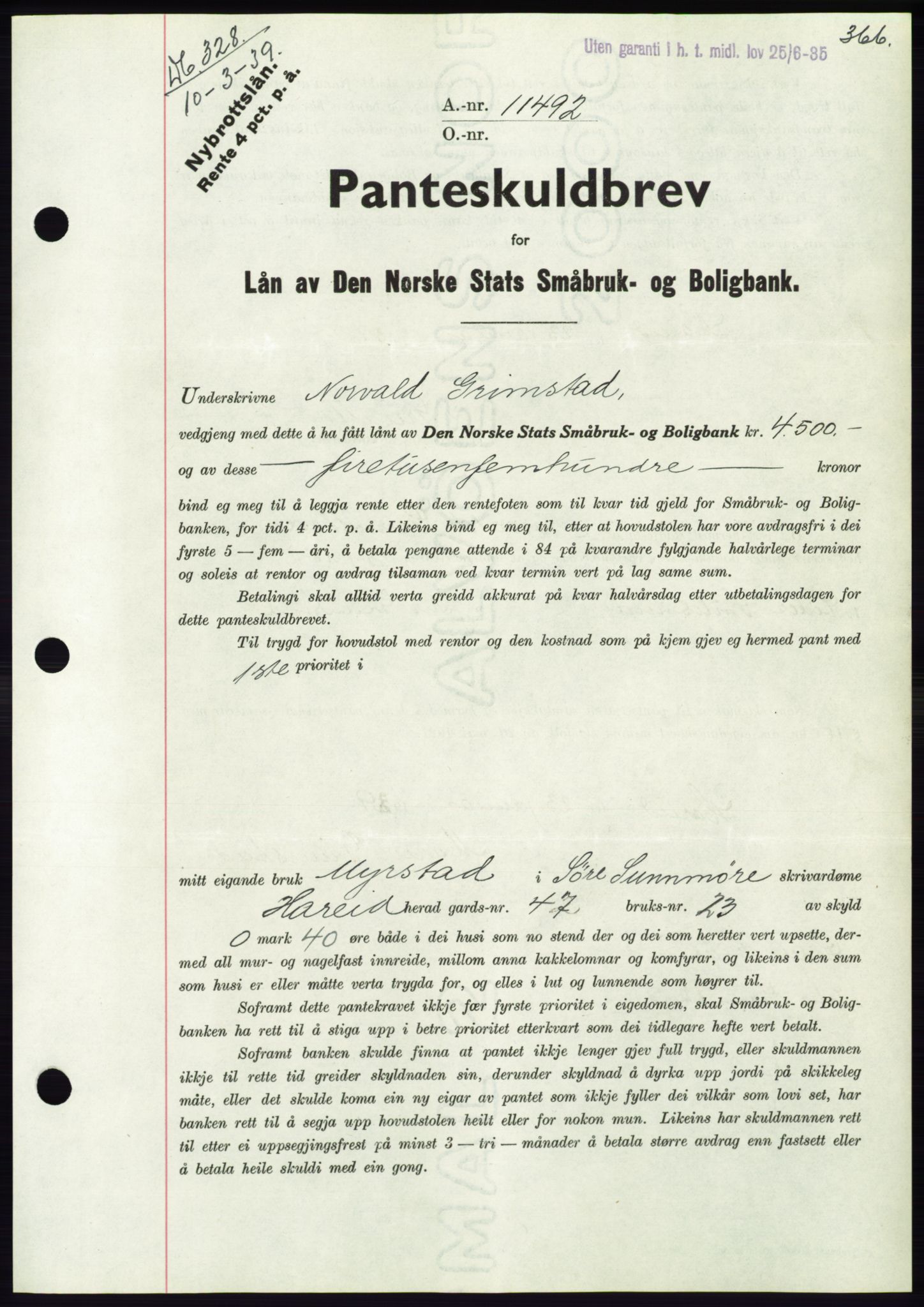 Søre Sunnmøre sorenskriveri, AV/SAT-A-4122/1/2/2C/L0067: Mortgage book no. 61, 1938-1939, Diary no: : 328/1939