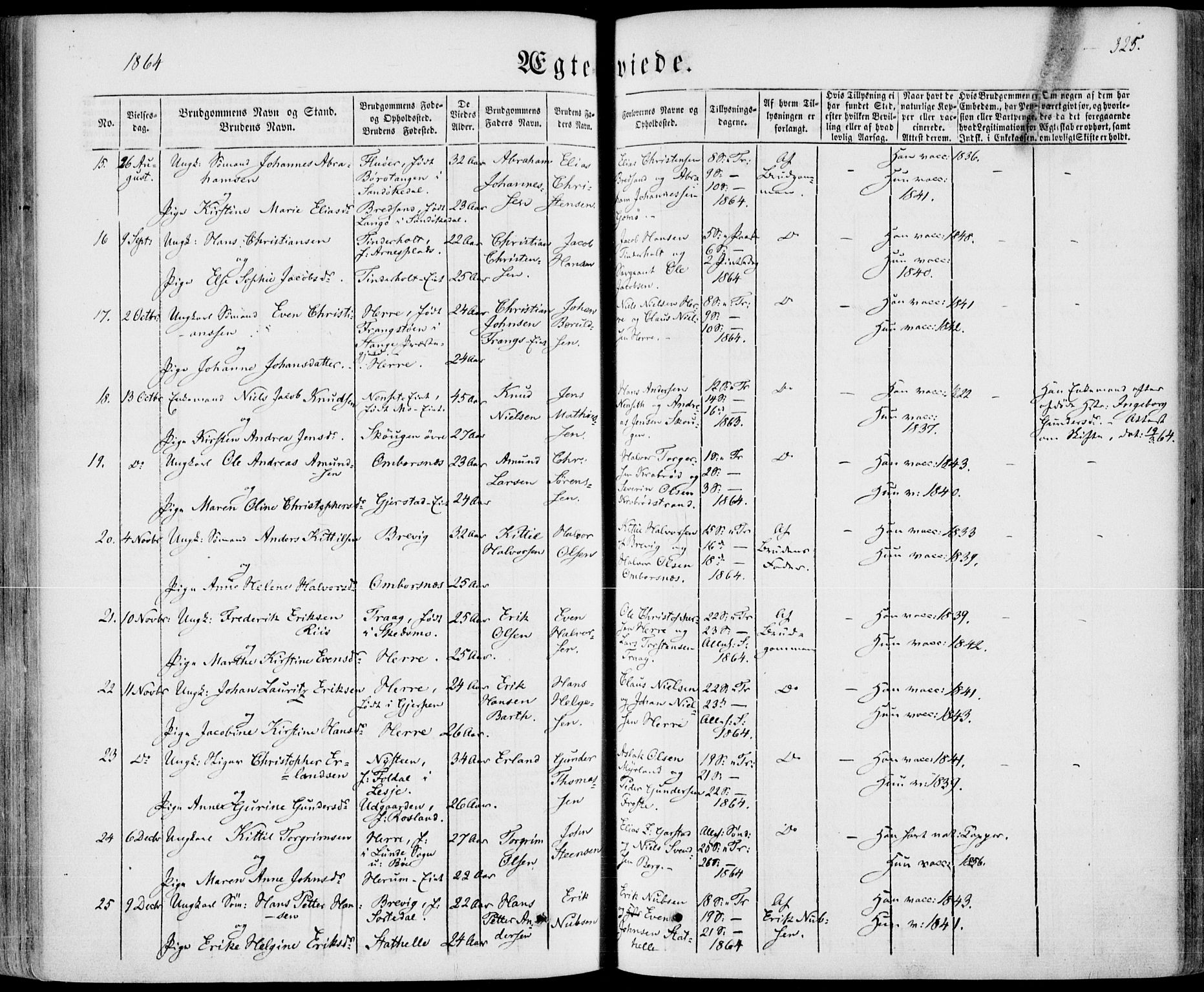Bamble kirkebøker, SAKO/A-253/F/Fa/L0005: Parish register (official) no. I 5, 1854-1869, p. 325