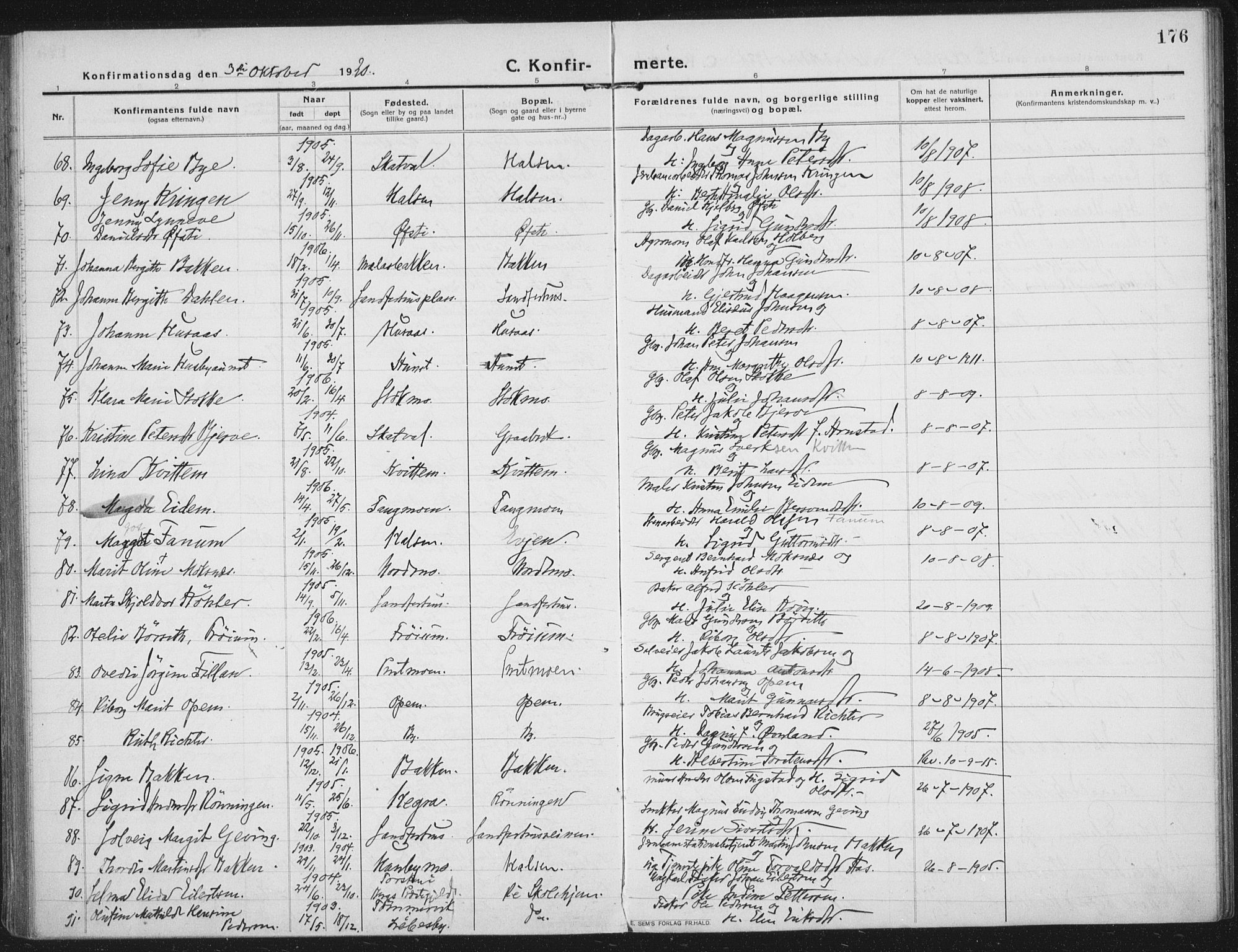 Ministerialprotokoller, klokkerbøker og fødselsregistre - Nord-Trøndelag, SAT/A-1458/709/L0083: Parish register (official) no. 709A23, 1916-1928, p. 176