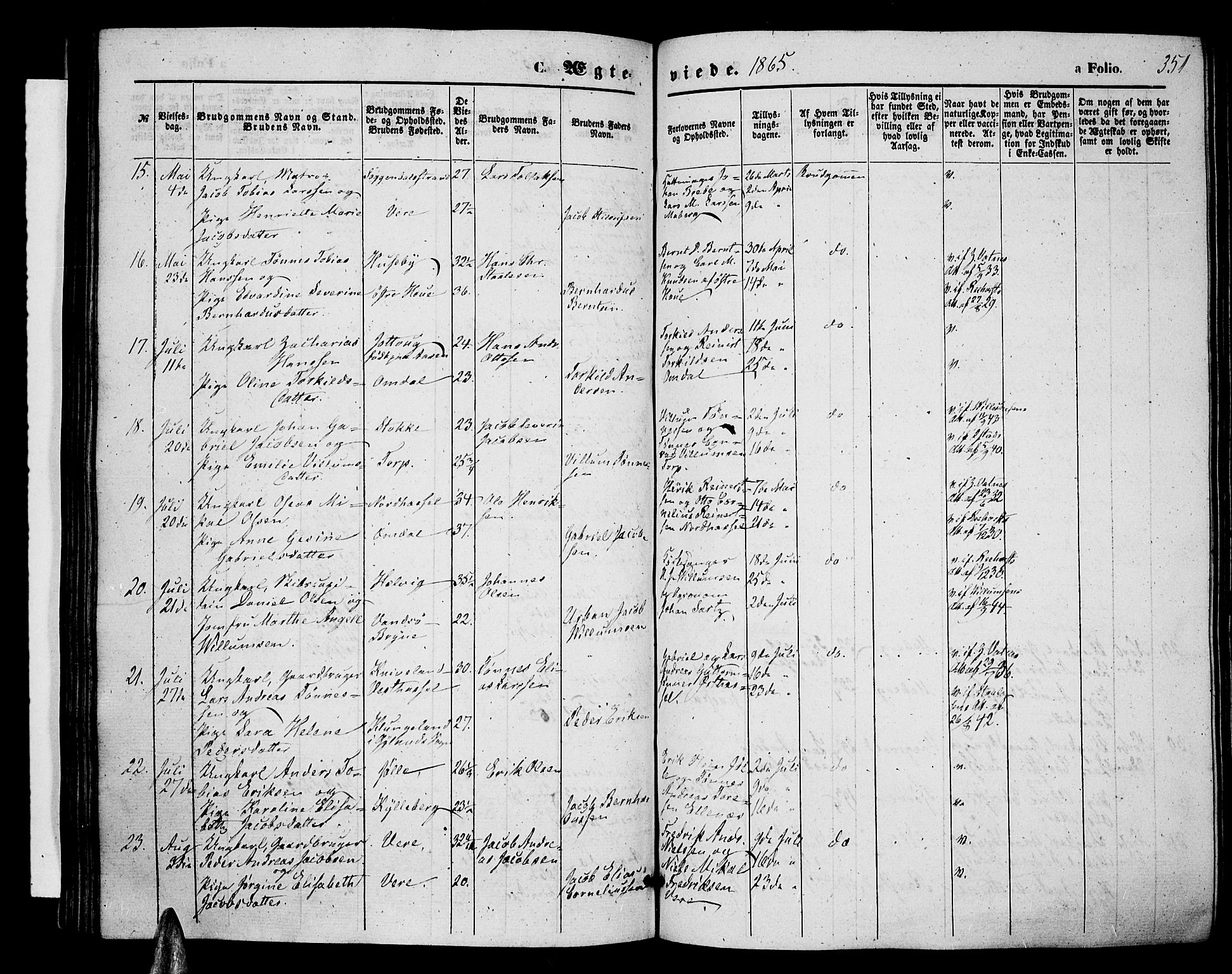 Lista sokneprestkontor, AV/SAK-1111-0027/F/Fb/L0003: Parish register (copy) no. B 3, 1862-1877, p. 351