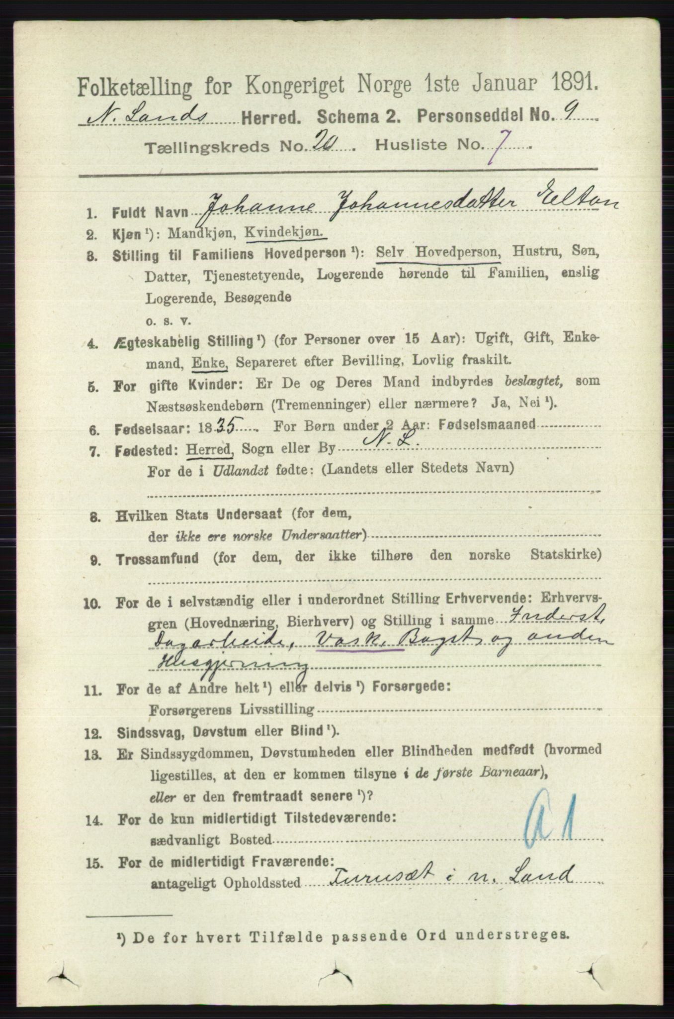 RA, 1891 census for 0538 Nordre Land, 1891, p. 4916