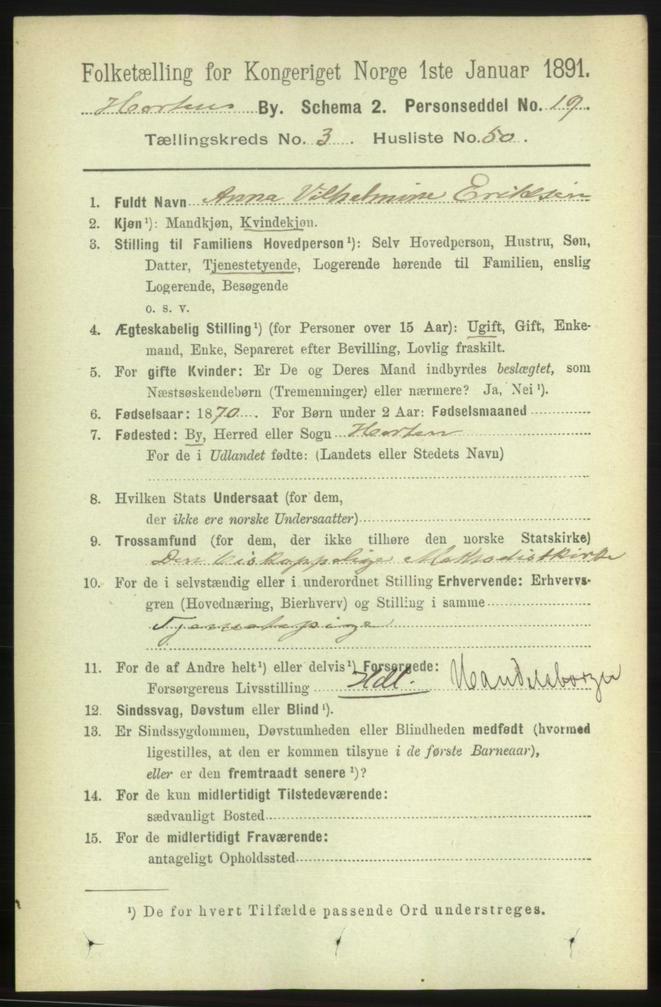 RA, 1891 census for 0703 Horten, 1891, p. 3164