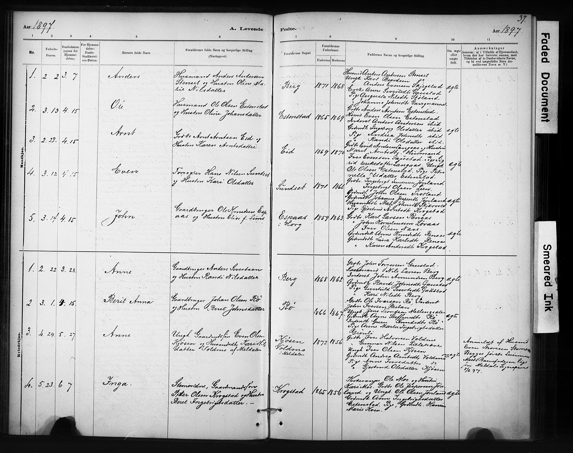 Ministerialprotokoller, klokkerbøker og fødselsregistre - Sør-Trøndelag, SAT/A-1456/694/L1127: Parish register (official) no. 694A01, 1887-1905, p. 37