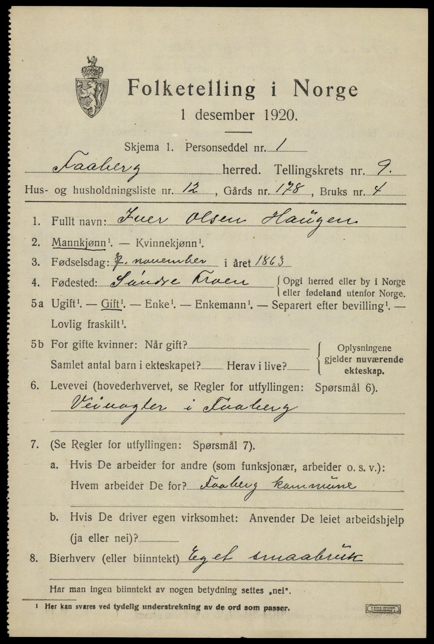 SAH, 1920 census for Fåberg, 1920, p. 10146