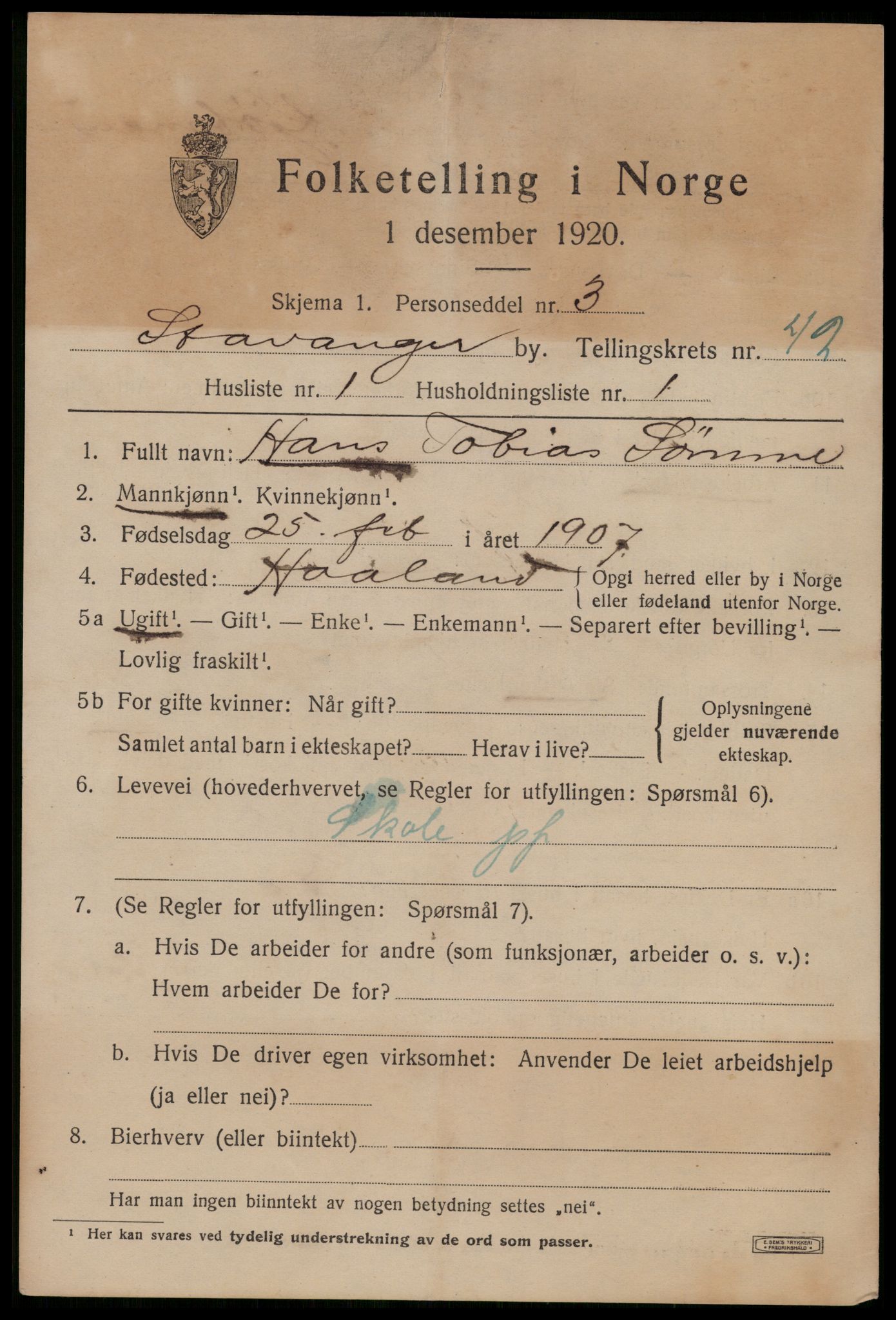 SAST, 1920 census for Stavanger, 1920, p. 105140