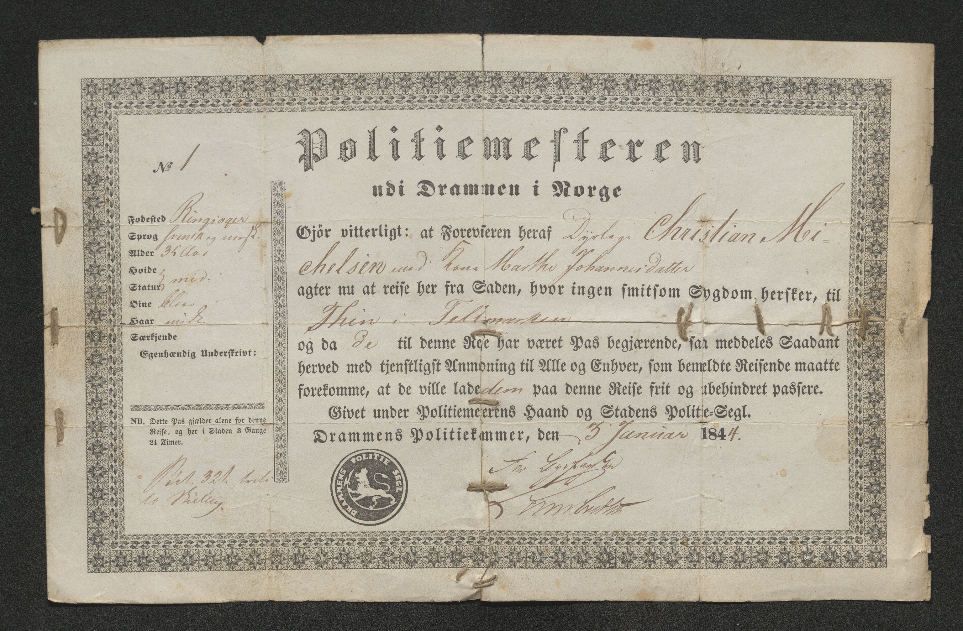 Drammen politikammer, SAKO/A-623/I/Ia/Iab/L0007: Innleverte pass, 1843-1844, p. 332
