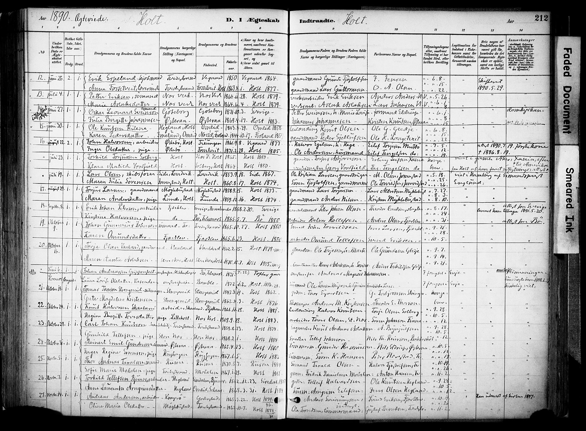 Holt sokneprestkontor, SAK/1111-0021/F/Fa/L0012: Parish register (official) no. A 12, 1885-1907, p. 212