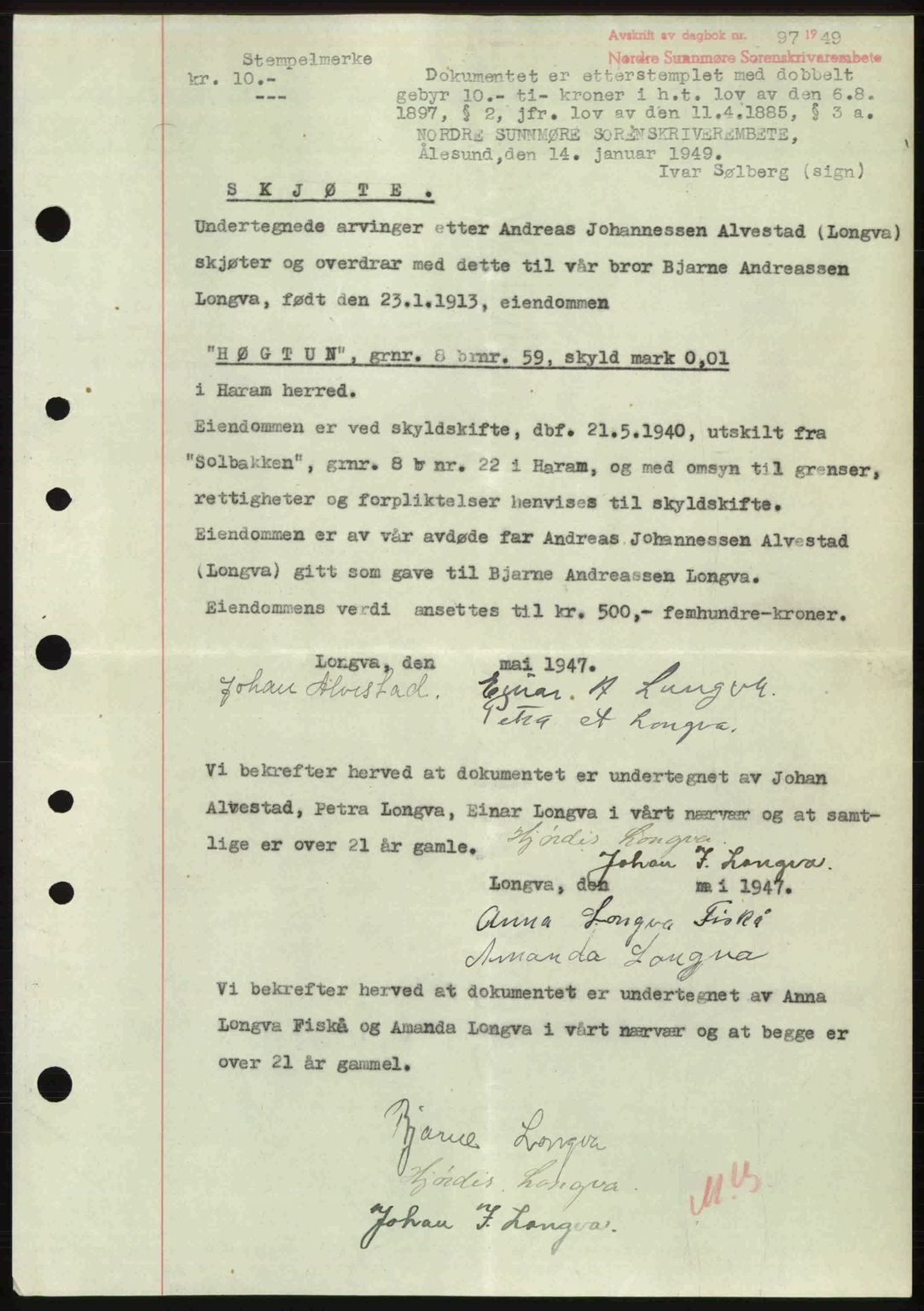 Nordre Sunnmøre sorenskriveri, AV/SAT-A-0006/1/2/2C/2Ca: Mortgage book no. A29, 1948-1949, Diary no: : 97/1949