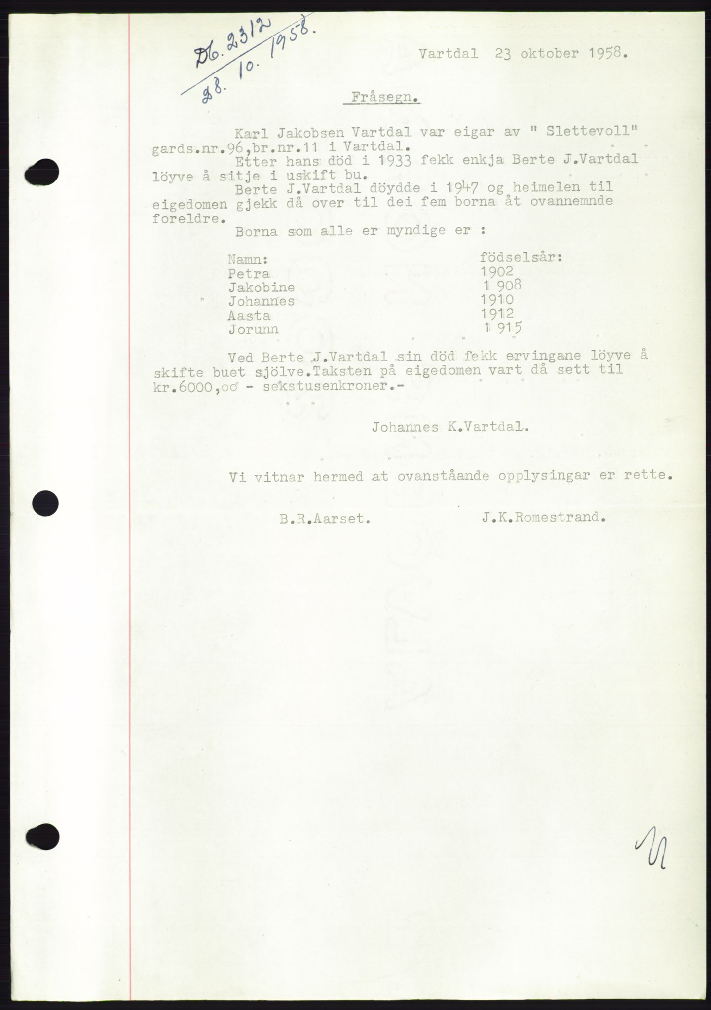 Søre Sunnmøre sorenskriveri, AV/SAT-A-4122/1/2/2C/L0110: Mortgage book no. 36A, 1958-1958, Diary no: : 2312/1958