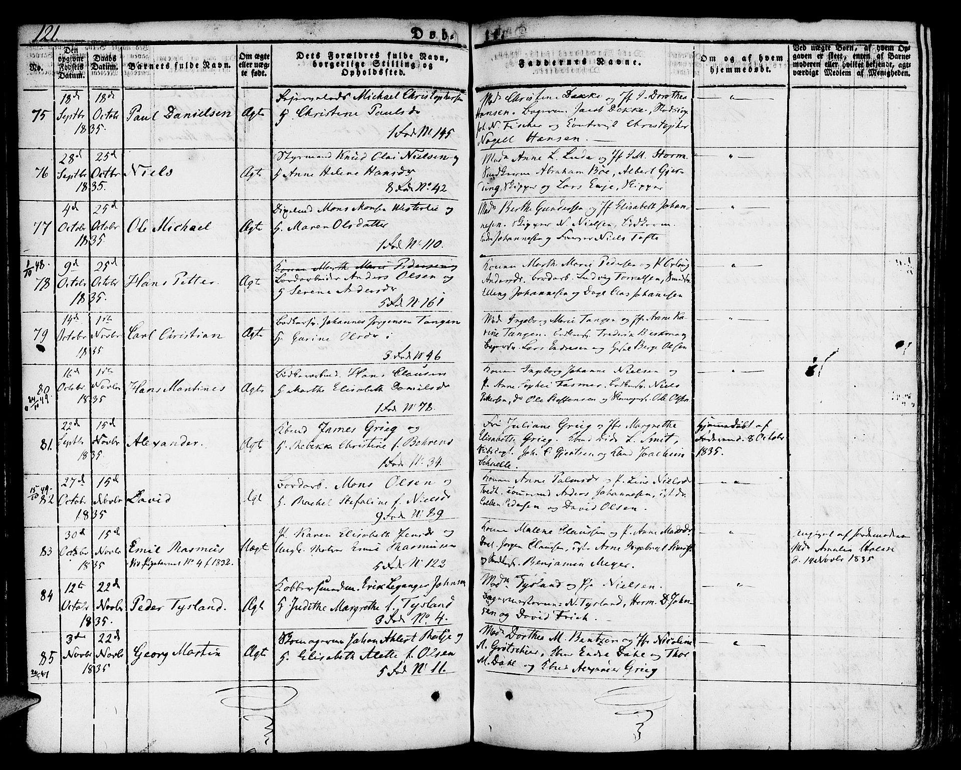 Nykirken Sokneprestembete, SAB/A-77101/H/Hab: Parish register (copy) no. A 5I, 1821-1841, p. 121