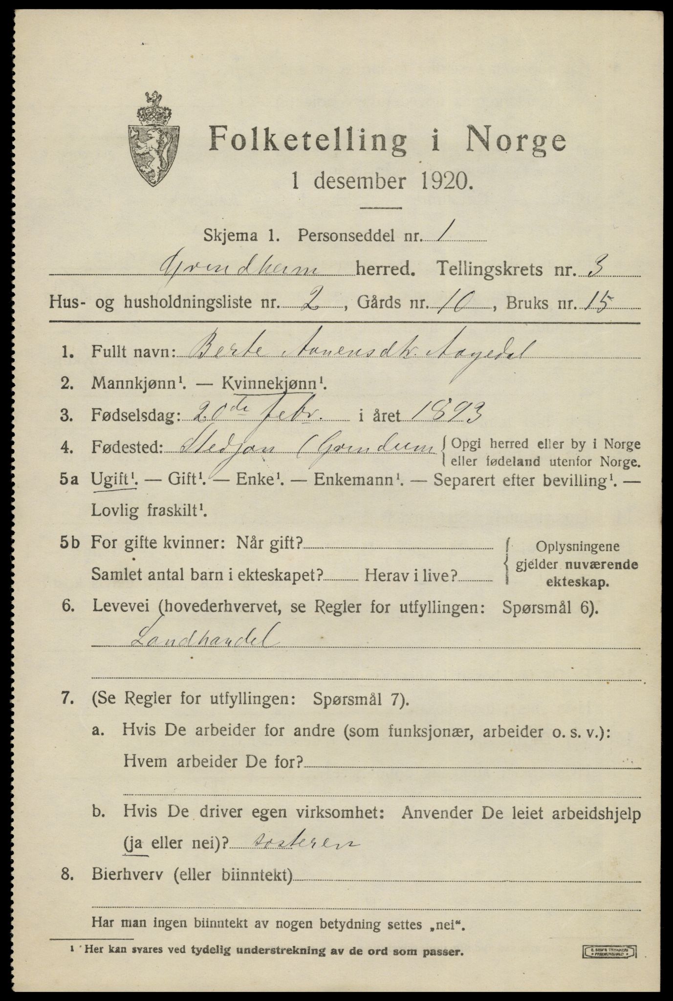 SAK, 1920 census for Grindheim, 1920, p. 905
