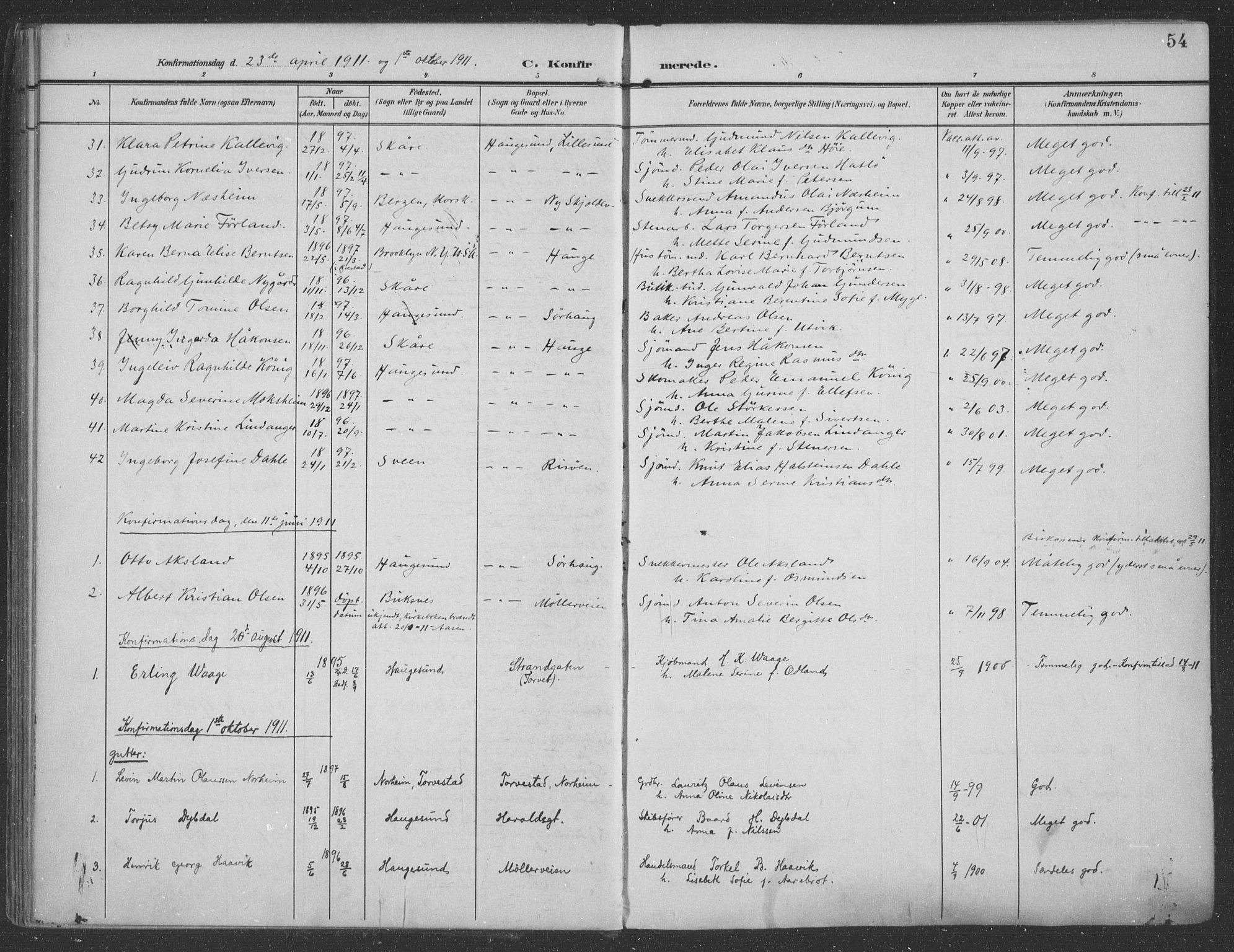 Haugesund sokneprestkontor, AV/SAST-A -101863/H/Ha/Haa/L0007: Parish register (official) no. A 7, 1904-1916, p. 54