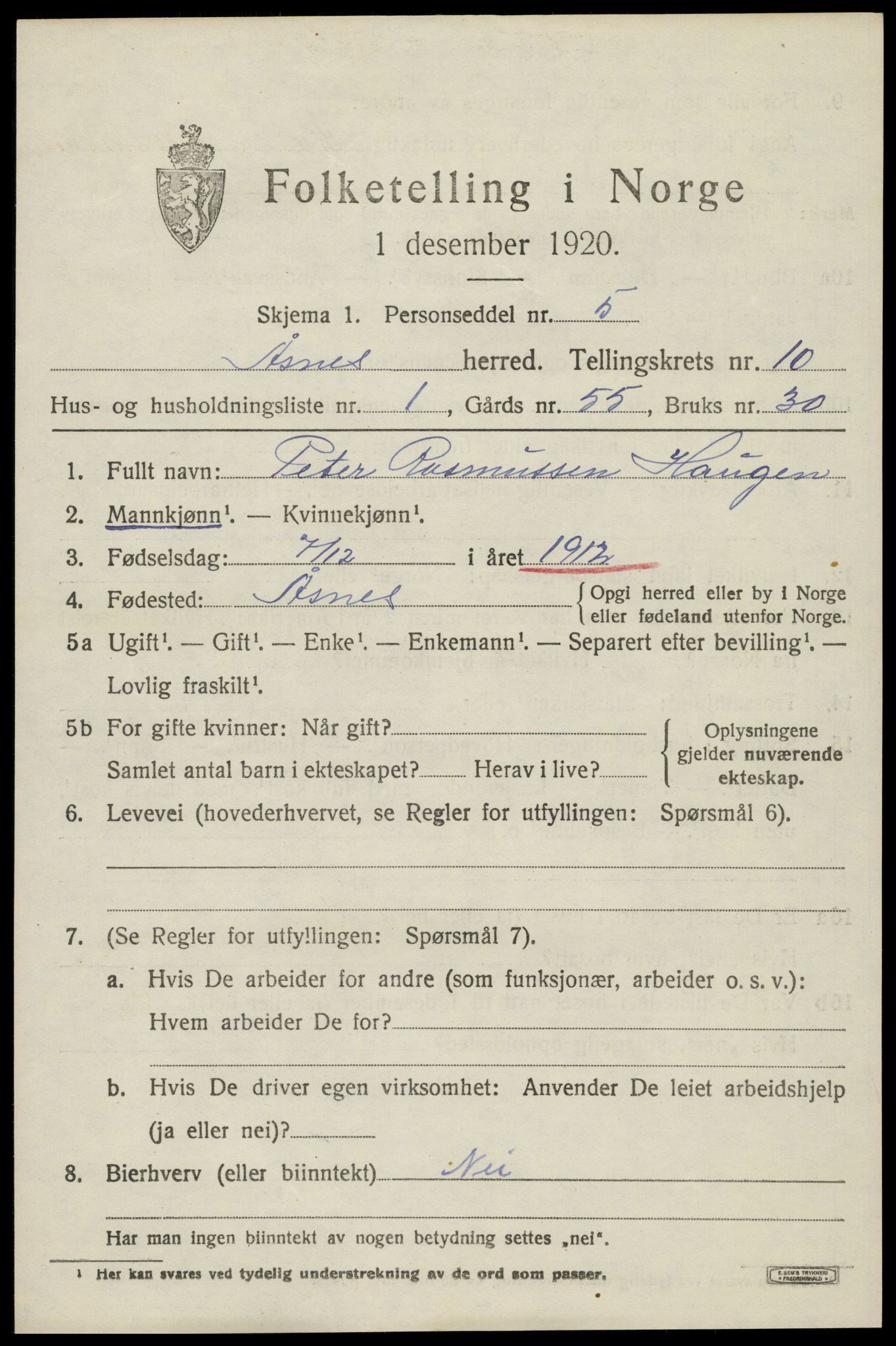 SAH, 1920 census for Åsnes, 1920, p. 10436